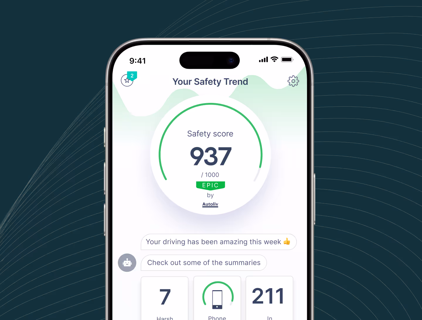 The Autoliv Safety Trend screen features a safety score out of 1000 and category summaries