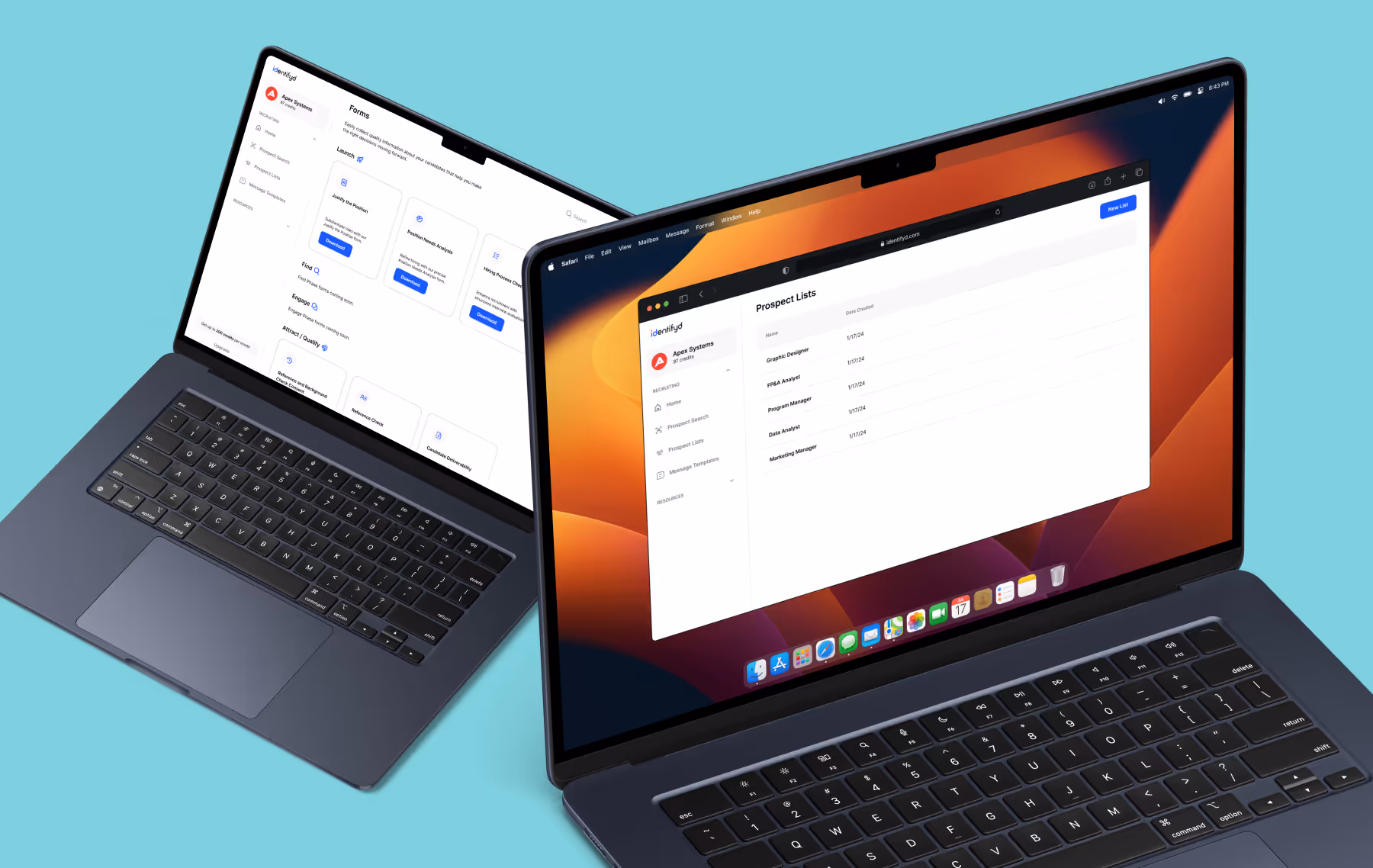 Two laptops show screens for forms and prospect lists in the Identifyd app