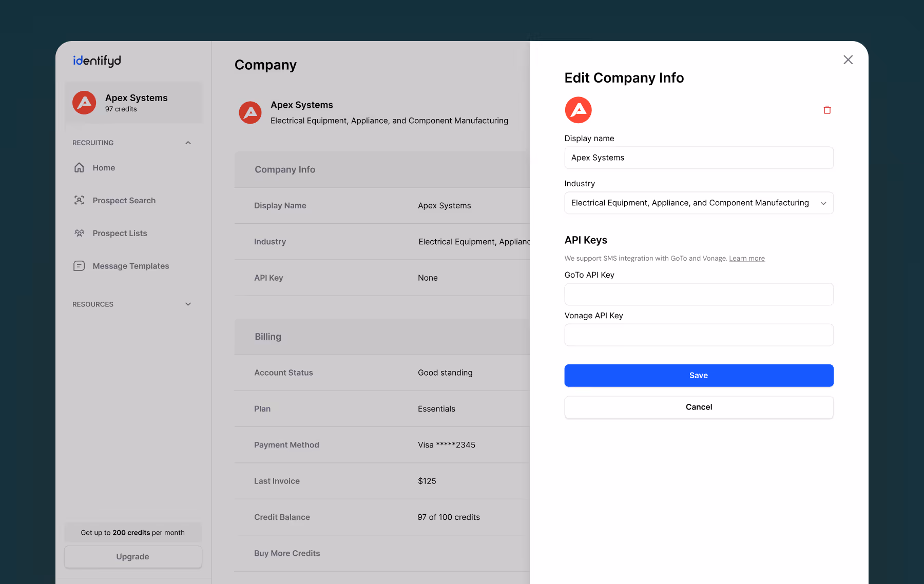 Prospect search results include Name, Job title, company, and a link to the user's LinkedIn profile