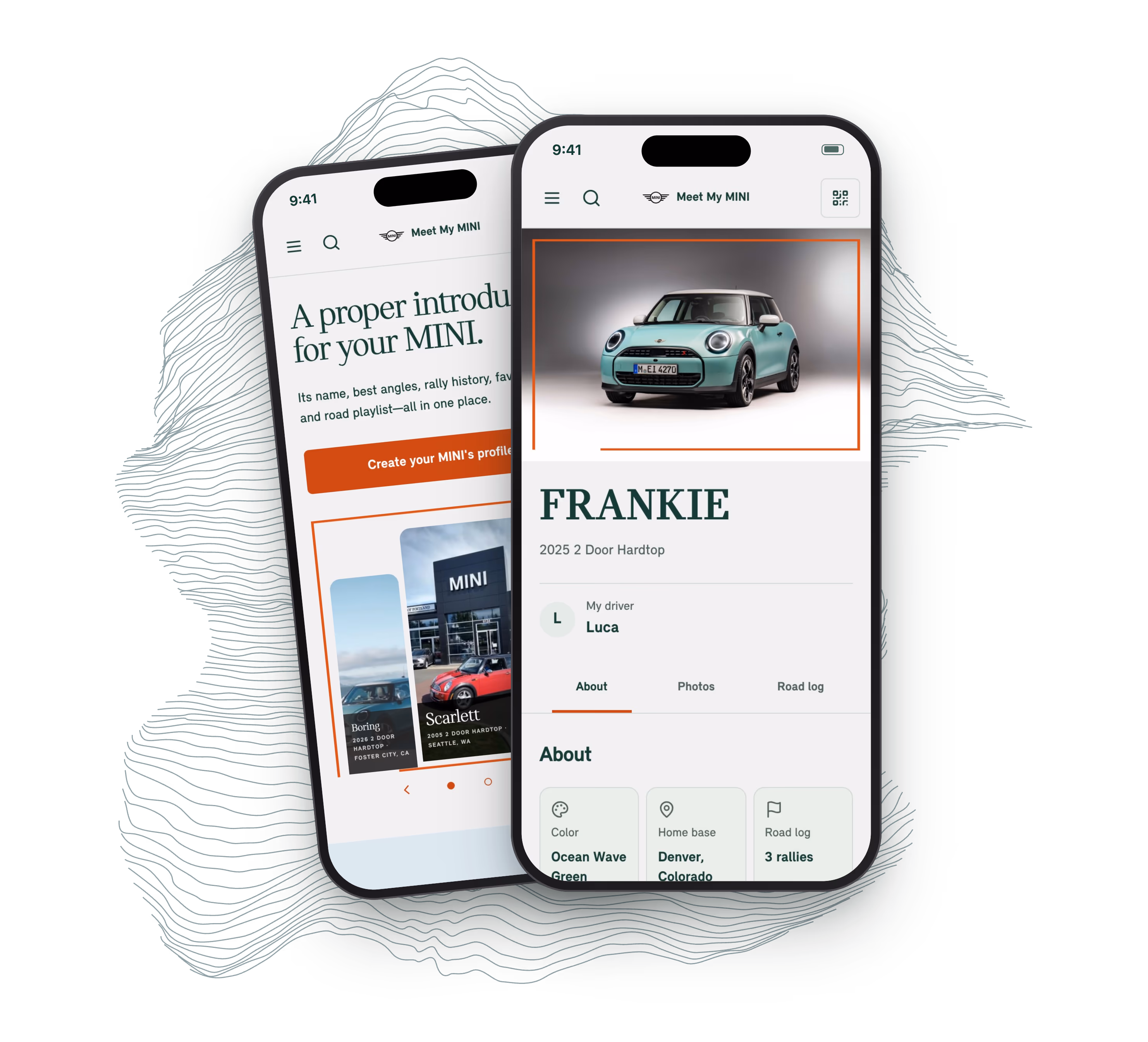 Two phones showing the Meet My MINI landing page and a car's profile