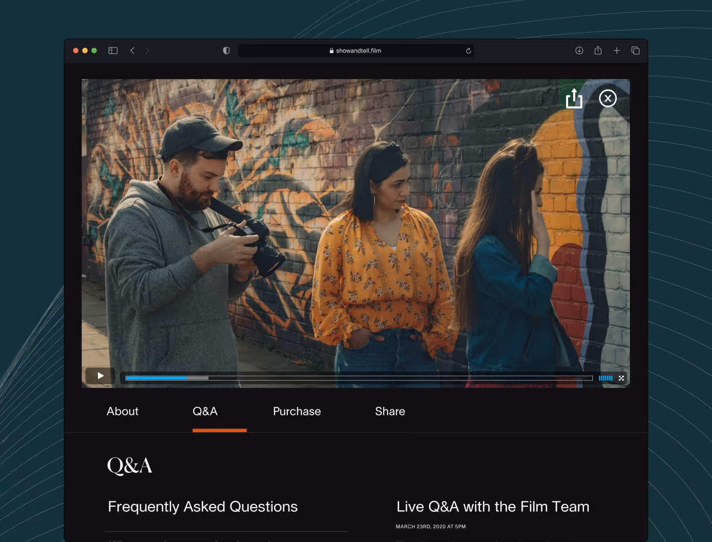 The Q&A section of a film page lists frequent questions and upcoming live Q&As