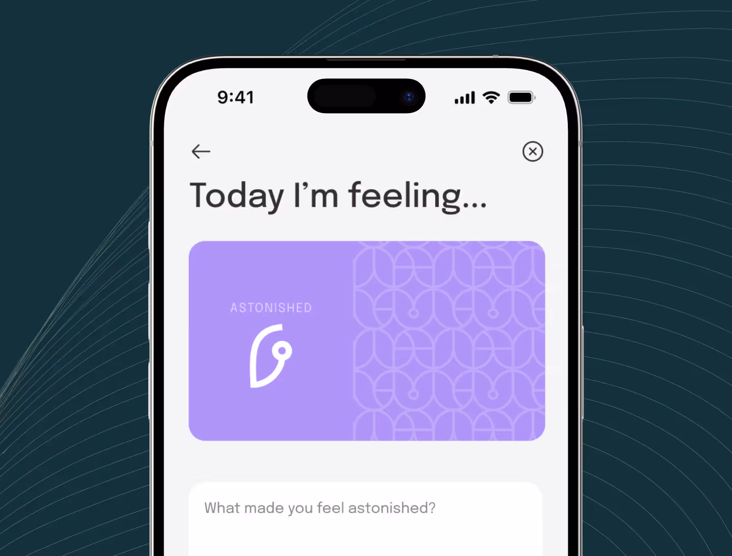 A check-in screen prompts users with a journal entry for "Today I'm feeling..."