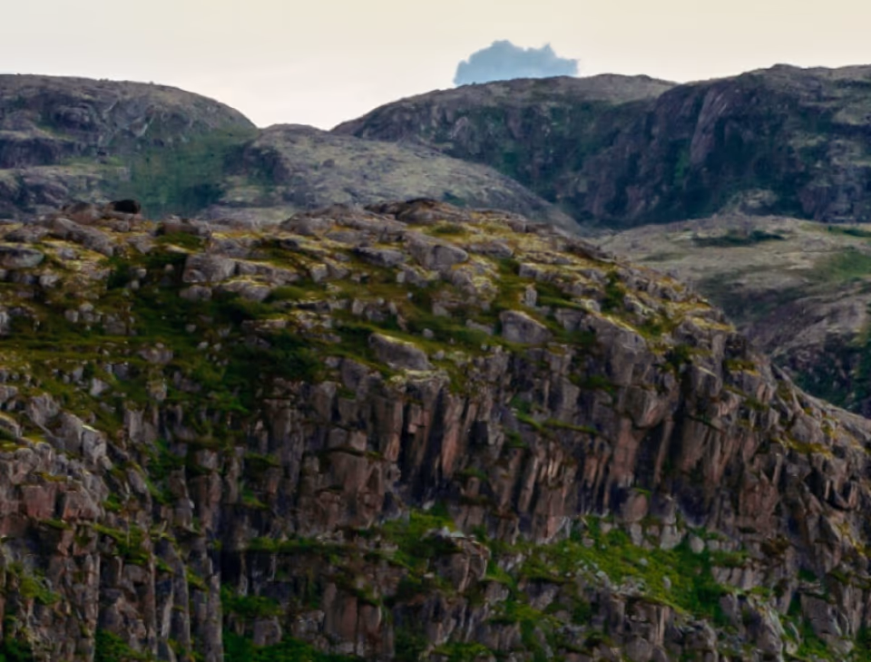 Green cliffs under an overcast sky