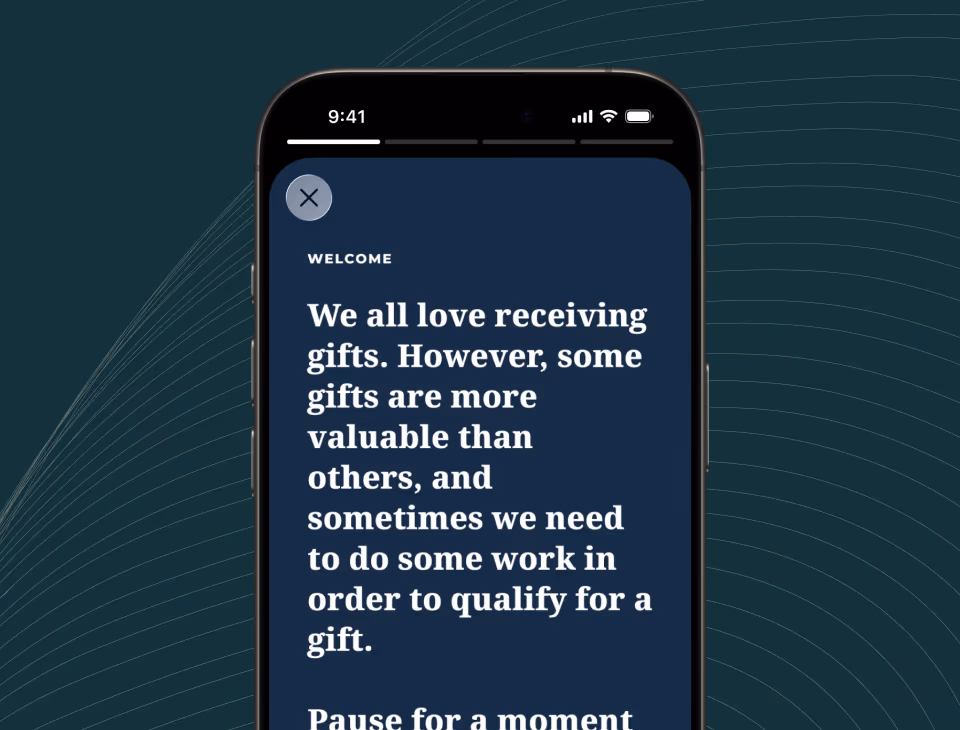 The We Believe welcome screen in dark mode