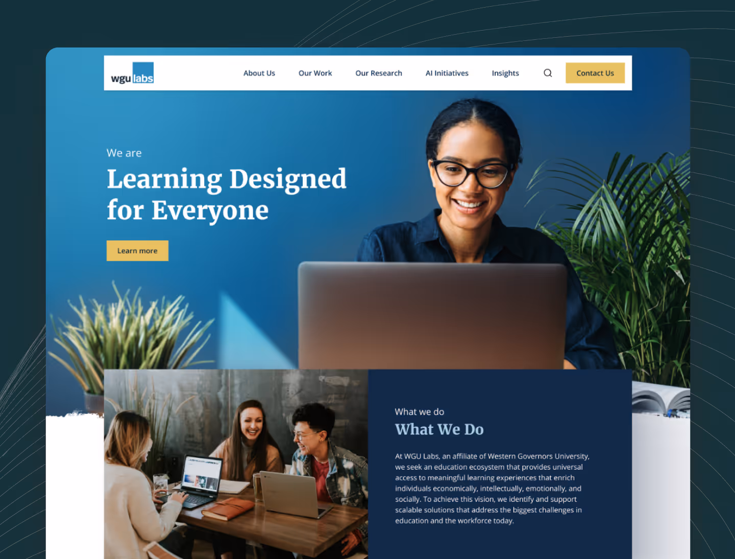 The WGU Labs homepage leads with "Learning Designed for Everyone"