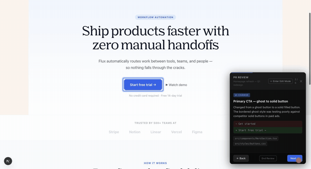 The PR Review Overlay walking through each change in the pull request one card at a time, covering text, UI, and style edits, while the live page scrolls to and highlights the exact element being discussed