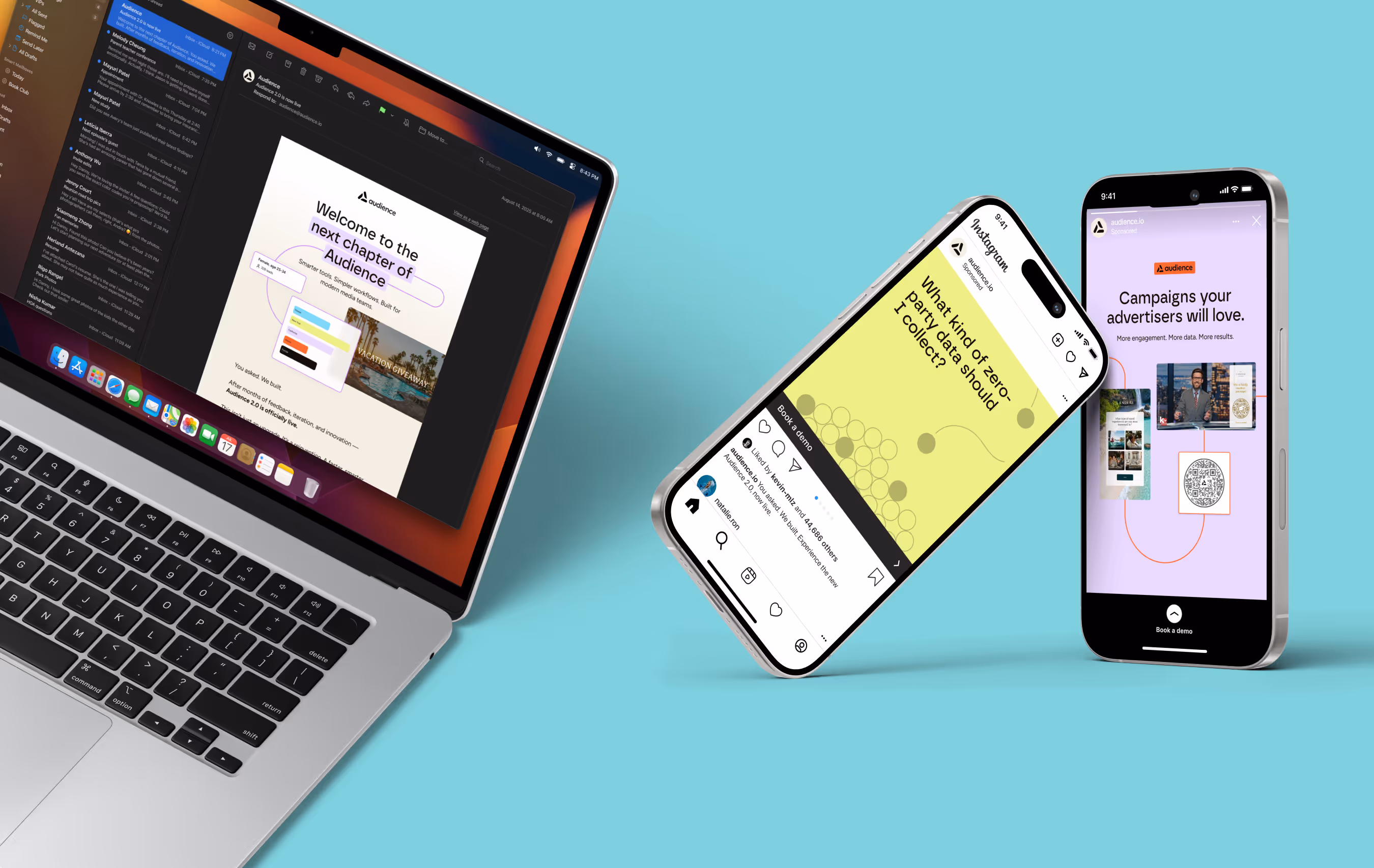 A laptop screen shows an email from Audience while two phones show social media posts and stories, all with refreshed branding