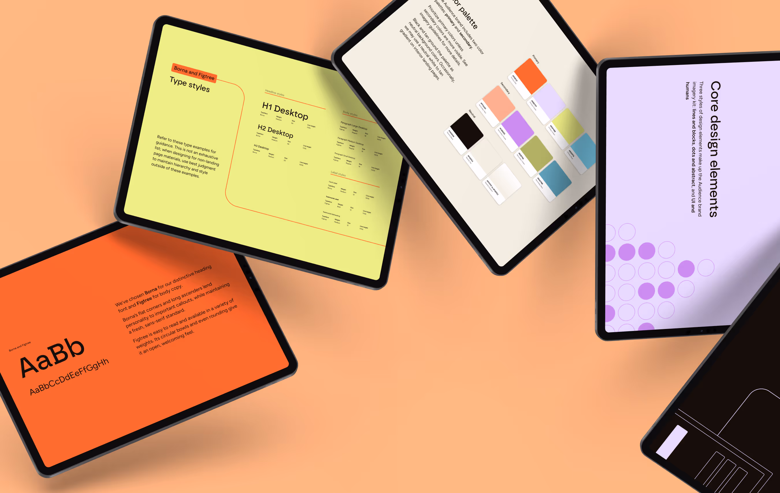 Five screens show pieces of the new brand guide, from typography to color palette and design elements