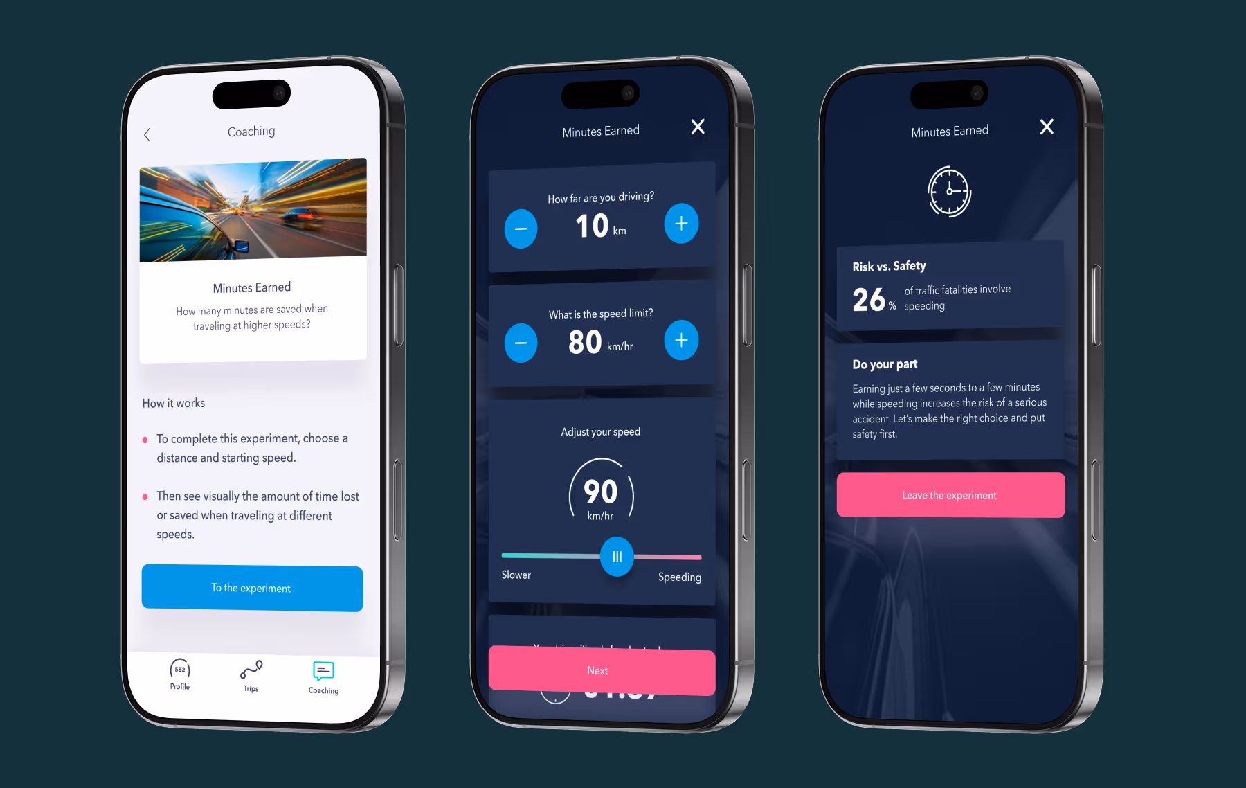 The Autoliv Coaching flow shows users how much time they lose or save driving different speeds alongside a risk score