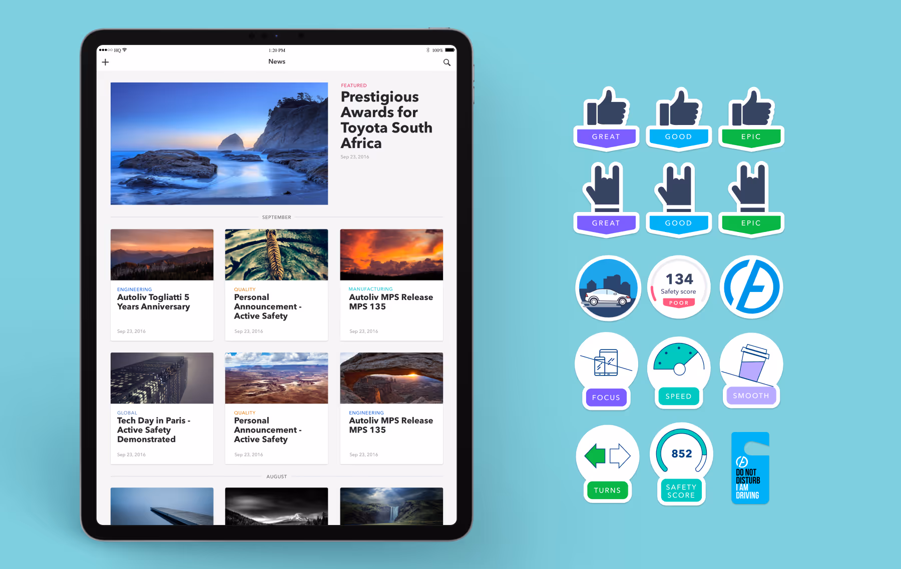 A news screen in the Autoliv app, plus a collection of badges users can earn