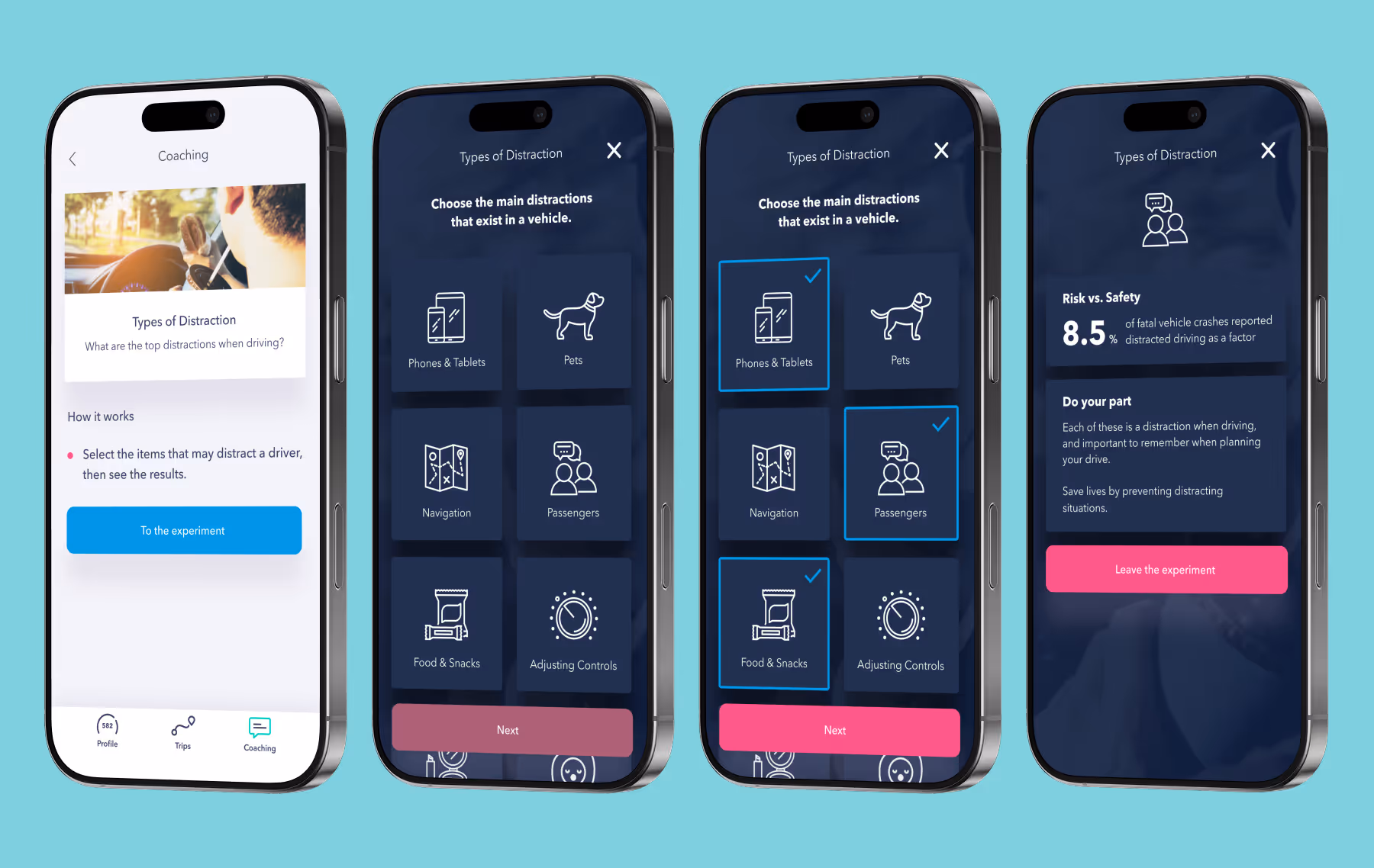 Coaching screens walk users through how distractions like phones, passengers, and food can affect driving safety