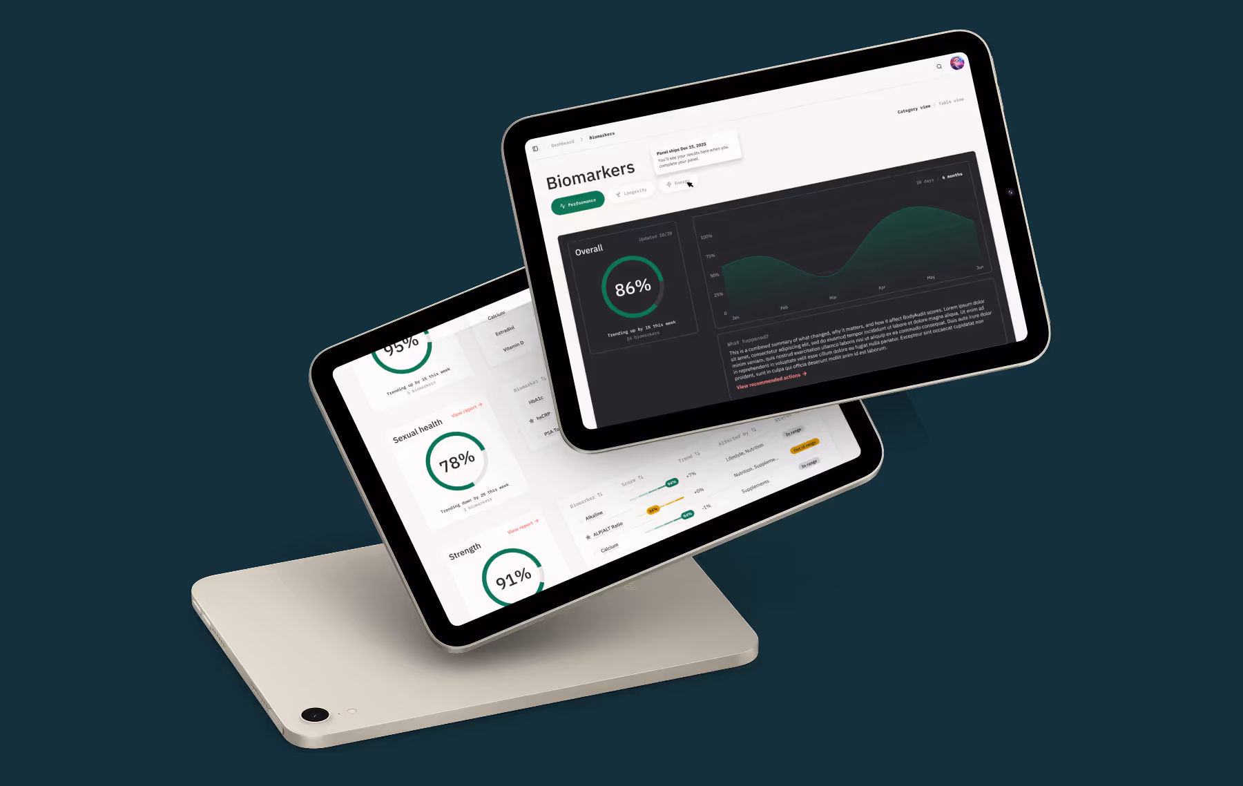 Two ipad screens showing category breakdowns and overall status reports