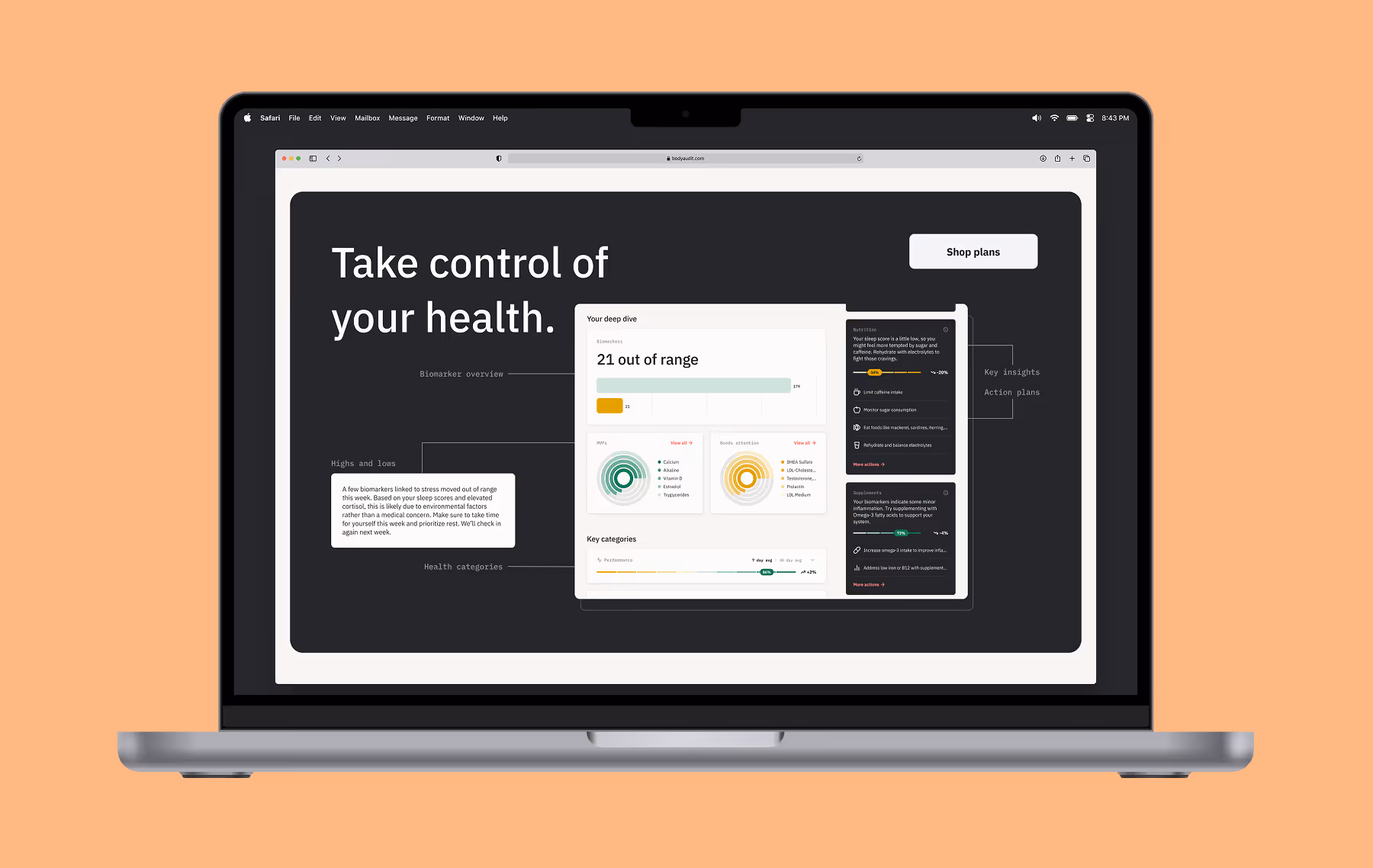 A macbook screen showing a section of the Body Audit landing page that says 'take control of your health'