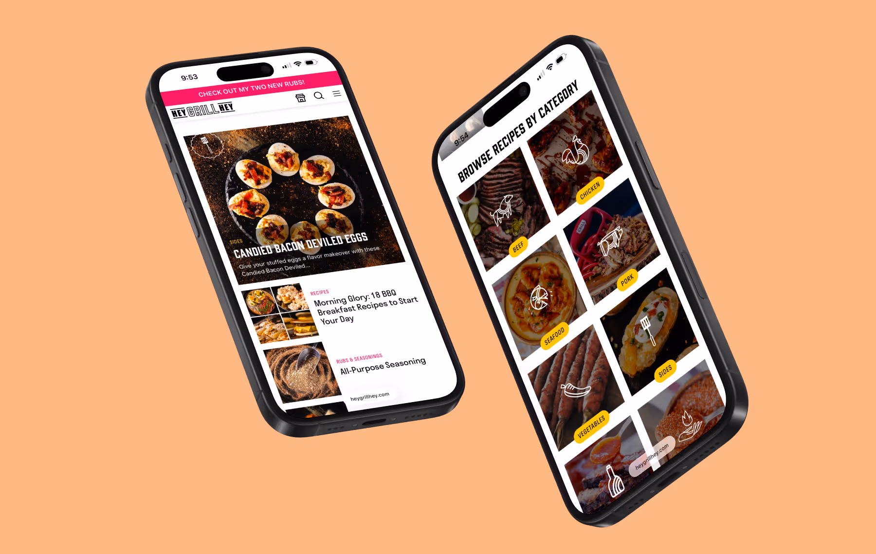 The Hey Grill, Hey homepage shows suggested recipes while the search features a browse recipes by category option