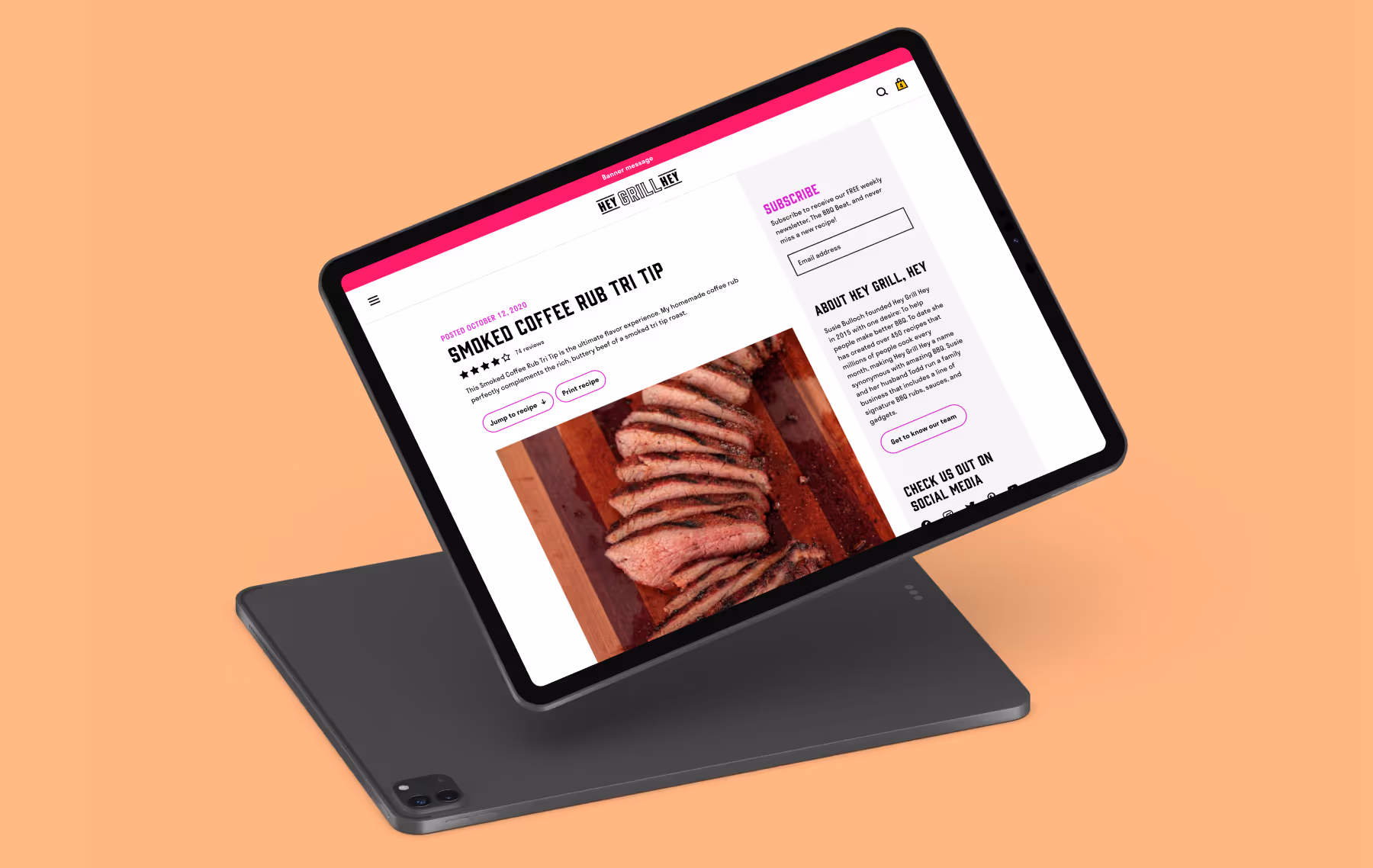 A tablet displays a recipe for Smoked Coffee Rub Tri Tip