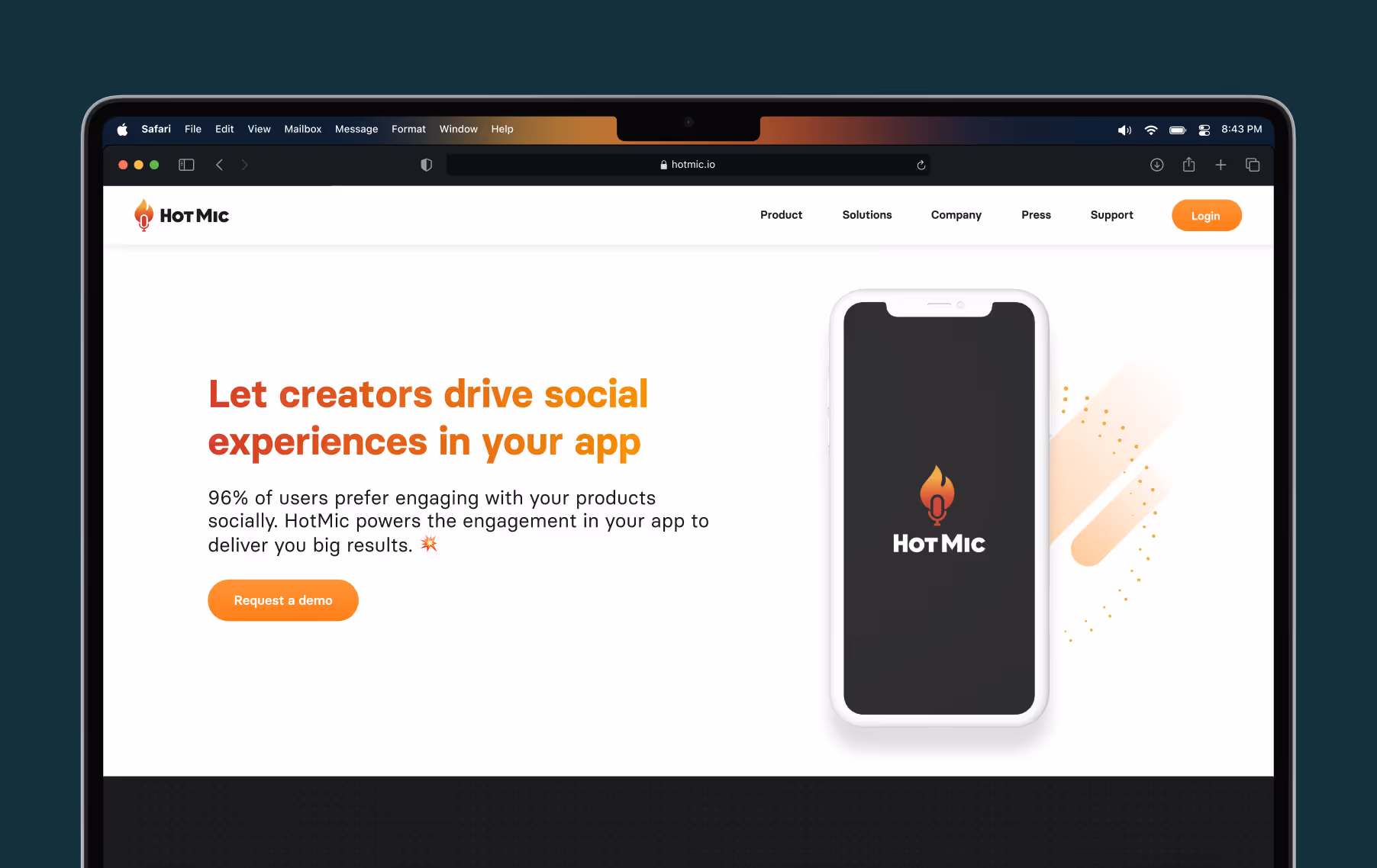 A laptop screen shows part of the Hot Mic marketing site explaining how creators can drive your app's social experience
