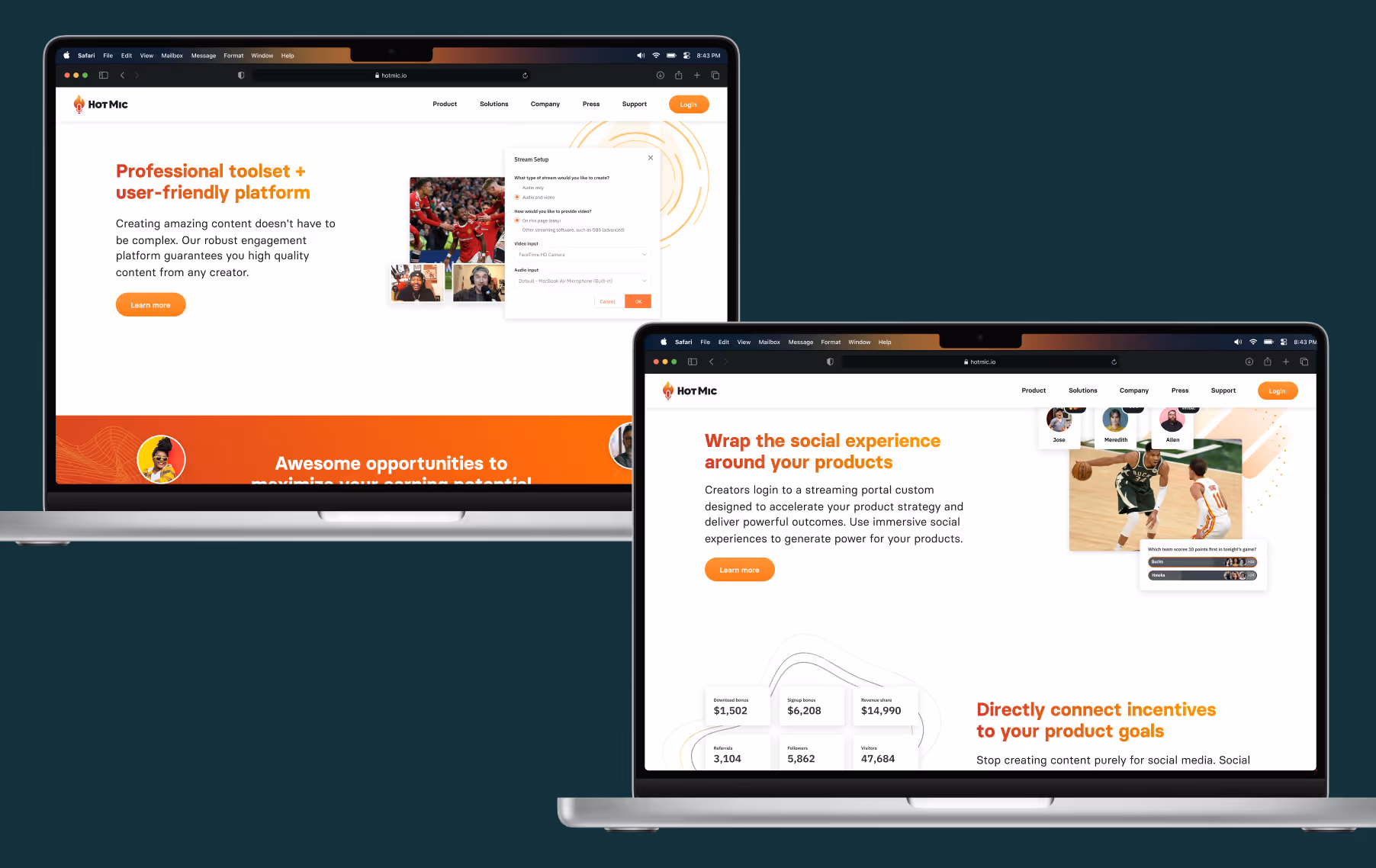 Two laptops display shots from the Hot Mic marketing site in the brand's bold orange and white color scheme