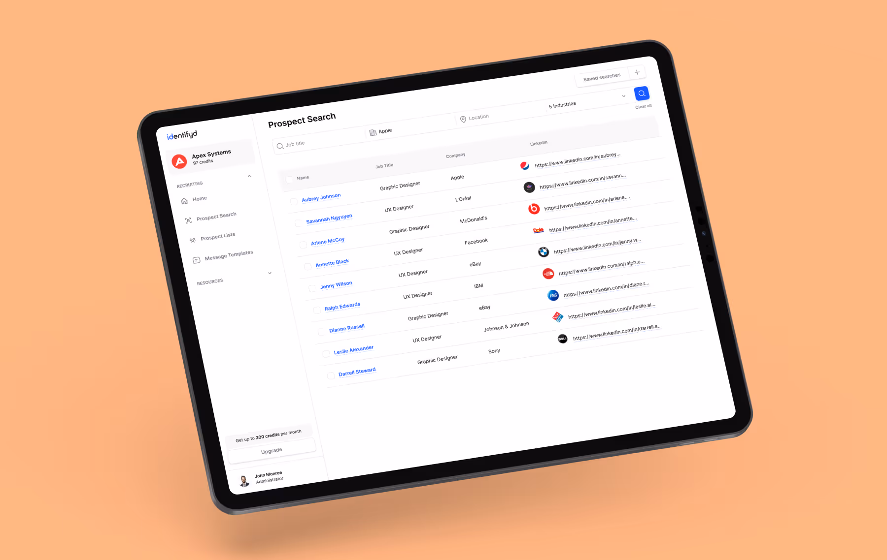 The prospect search shows candidates who may be a good fit for an Identifyd user's role