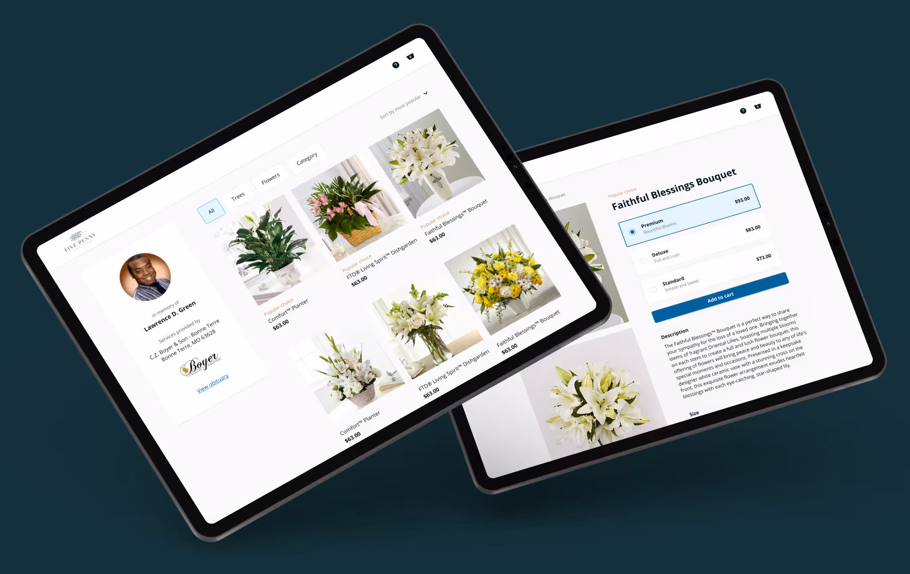 A shopping page for memorial bouquets and other plants