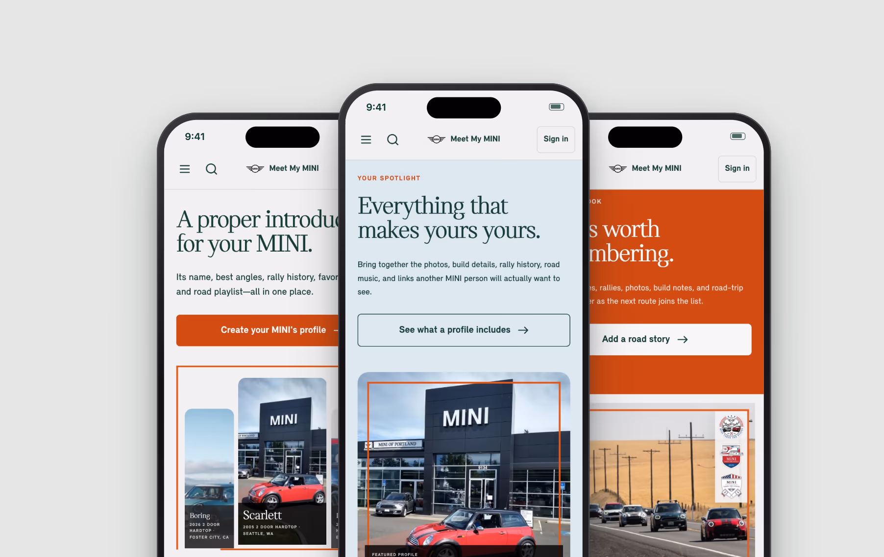 The Meet My MINI landing page on three phones: the hero, the spotlight section and the roadbook section