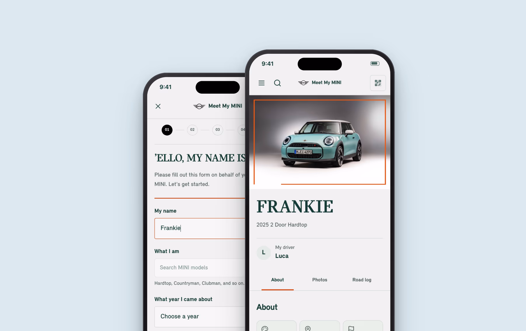 Step one of sign-up, where the owner types the car's name, next to the finished profile for a car named Frankie