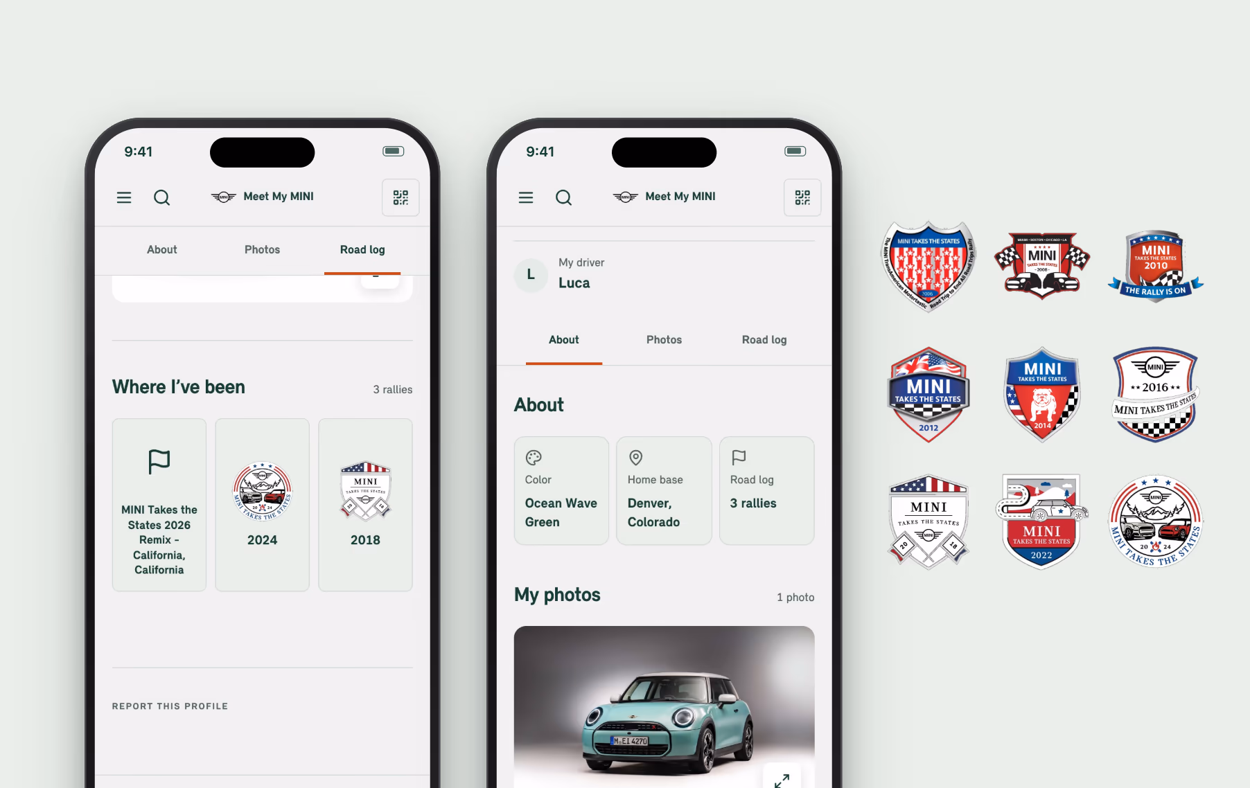 A profile's rally history with the official MINI Takes the States badges from 2006 to 2024