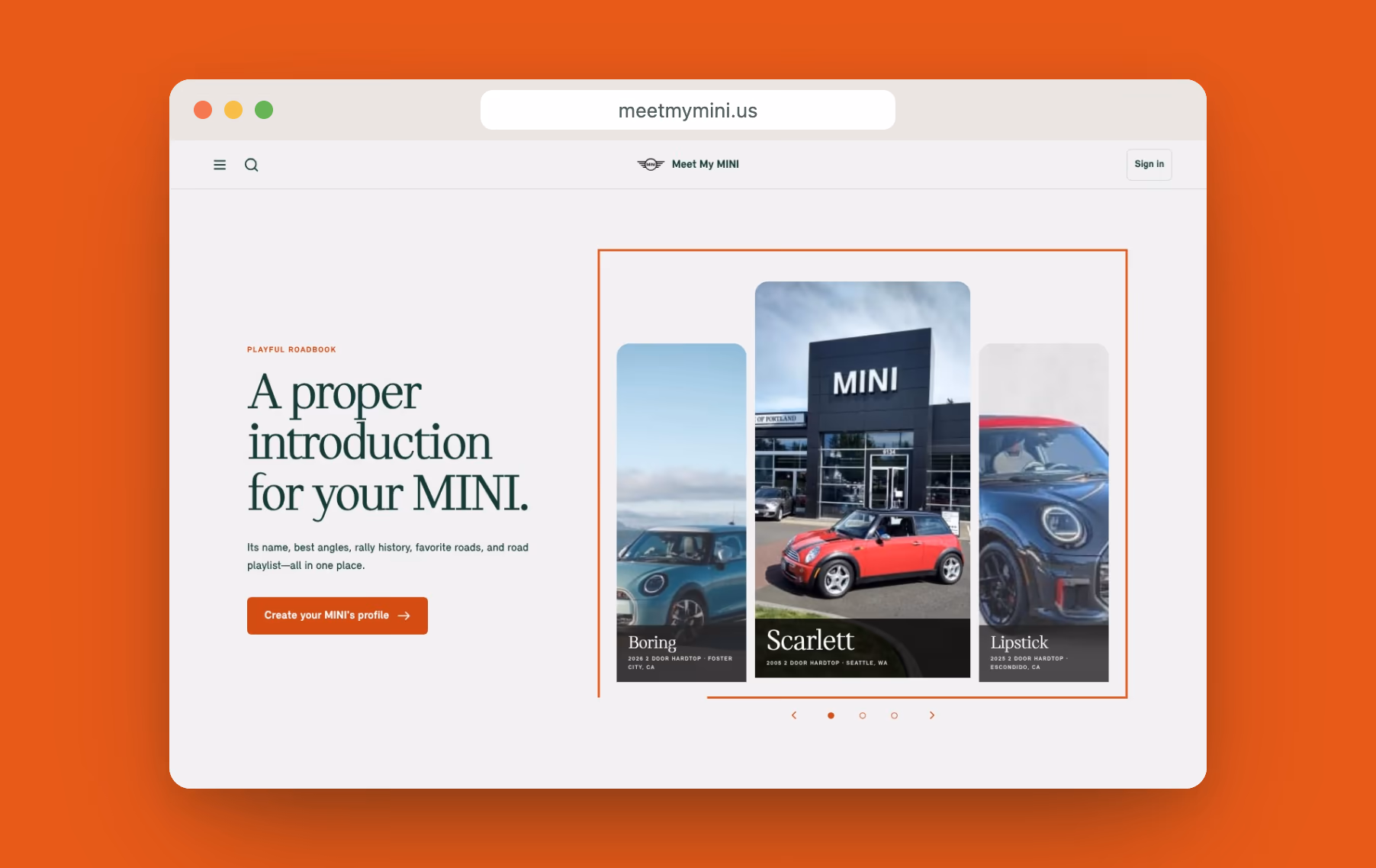The Meet My MINI landing page on desktop