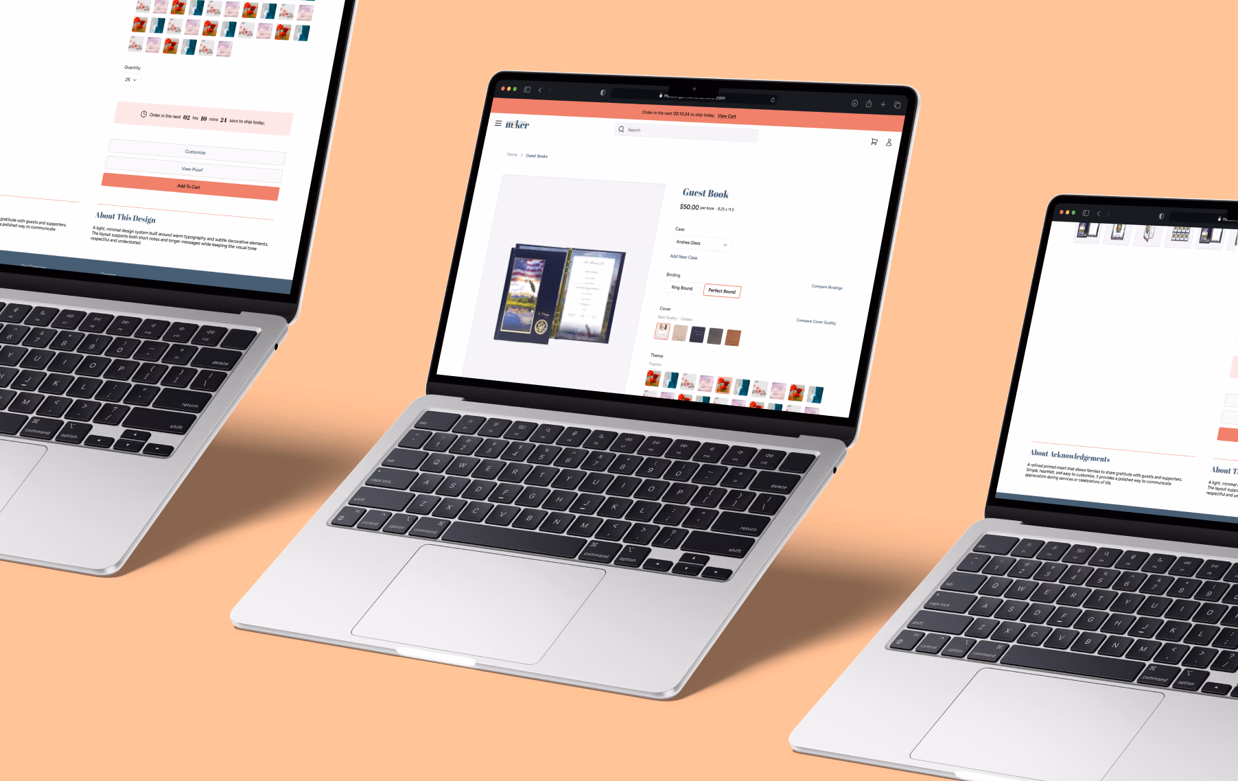 Three laptops show different parts of a Guest Book product page, with selectors, CTAs, and product descriptions