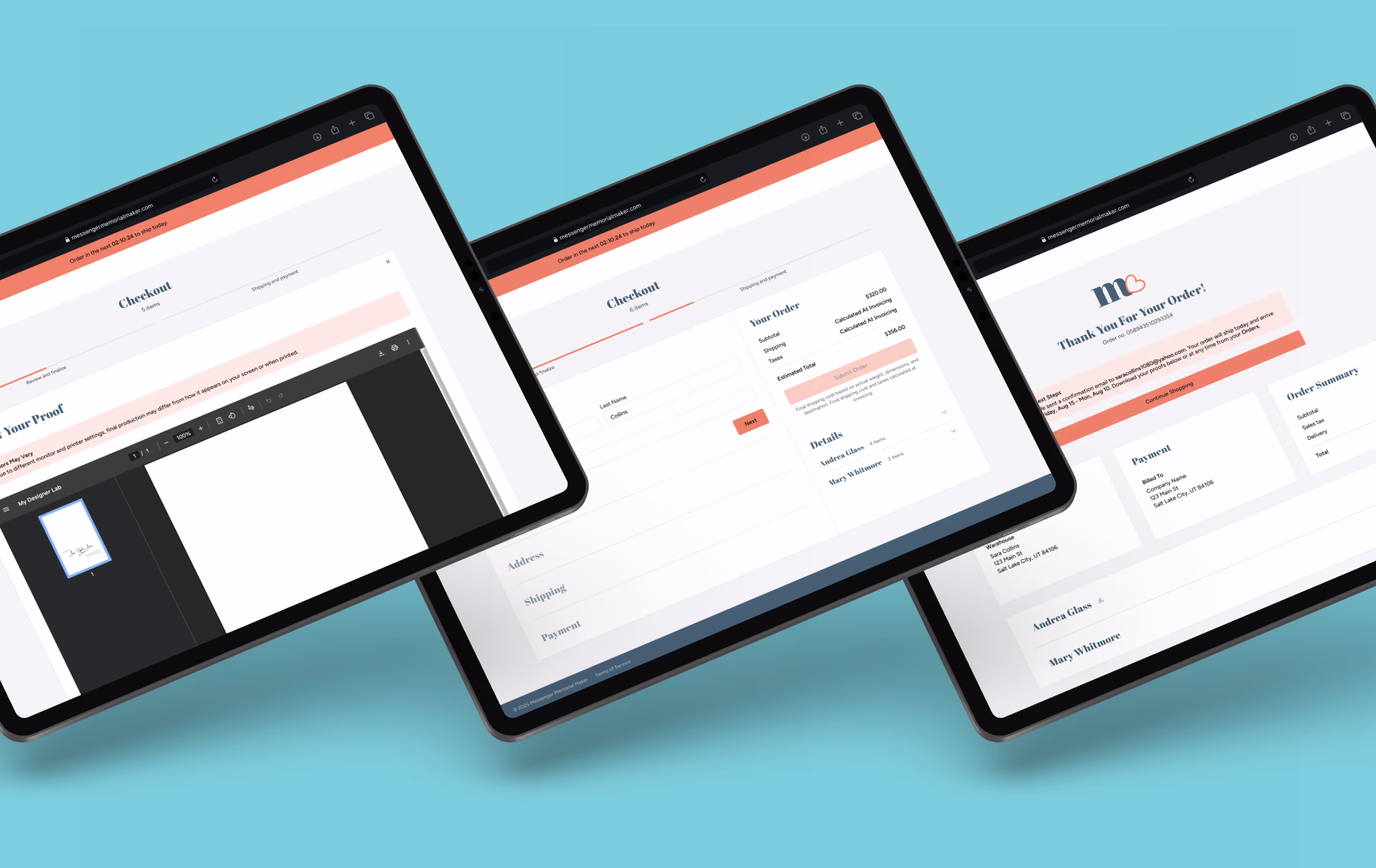 The checkout flow allows users to view and approve proof, input delivery info, and review their order