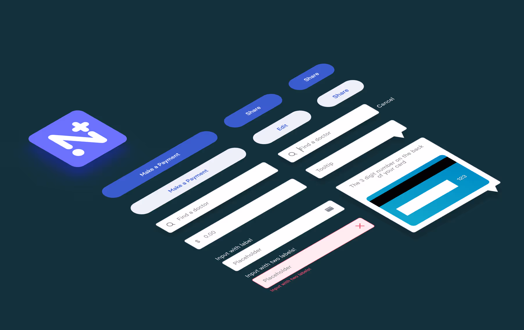 Examples from the Nomi Health UI kit include buttons and input fields