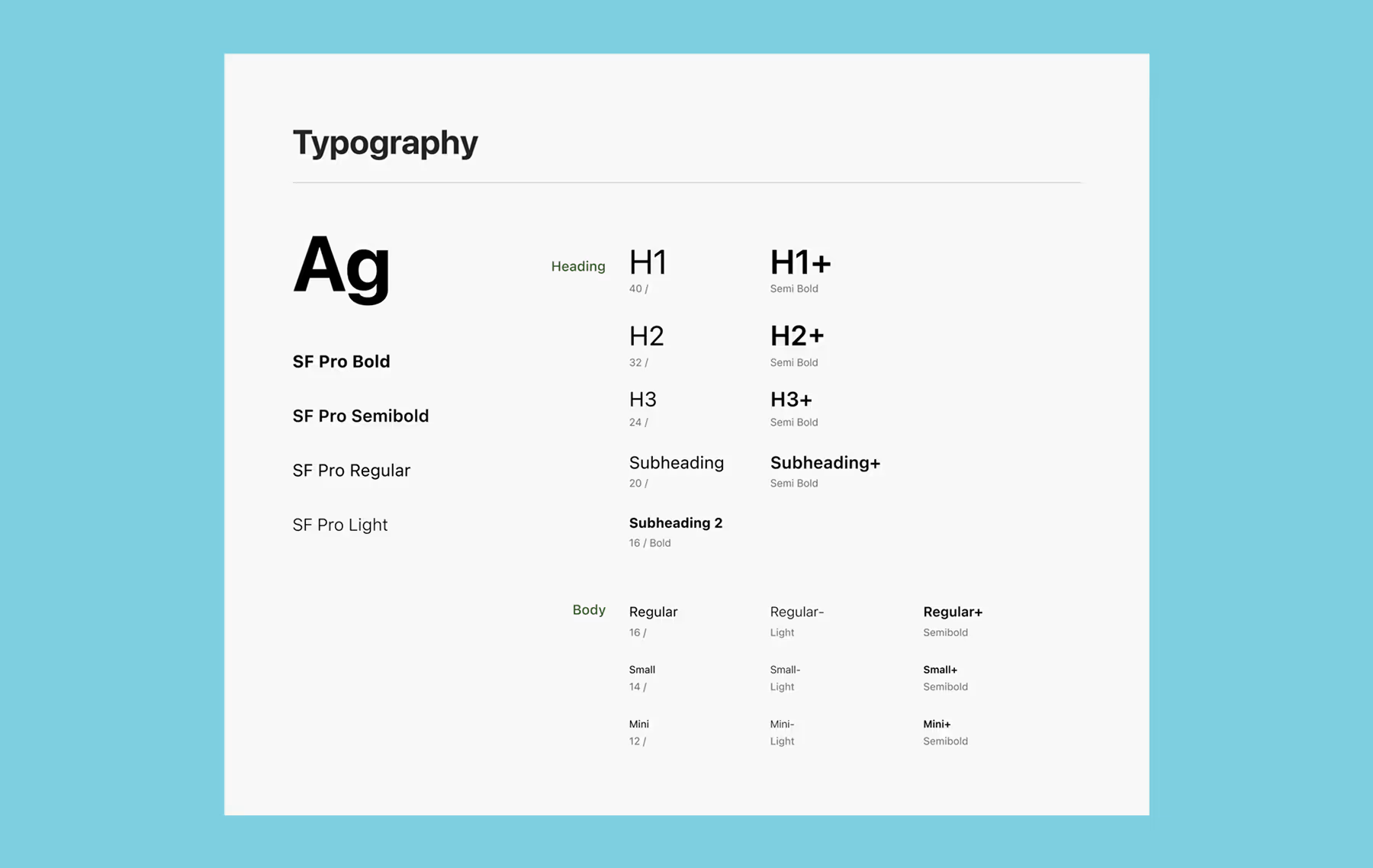 The Parallel typography system uses SF Pro for its font, moving between light, regular, semibold, and bold weights to differentiate headings and body