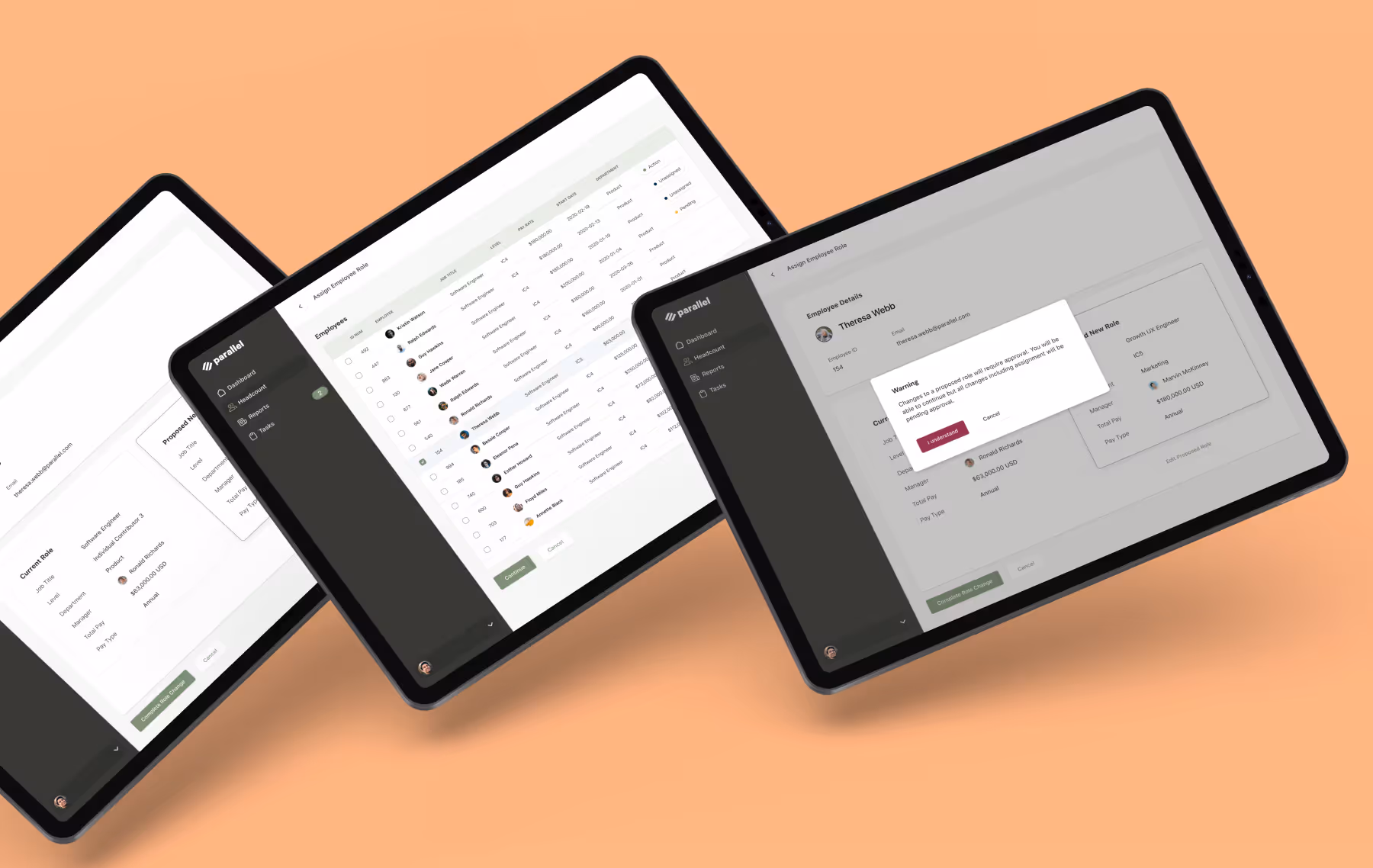 Three tablet screens show the flow users follow to make changes to a role