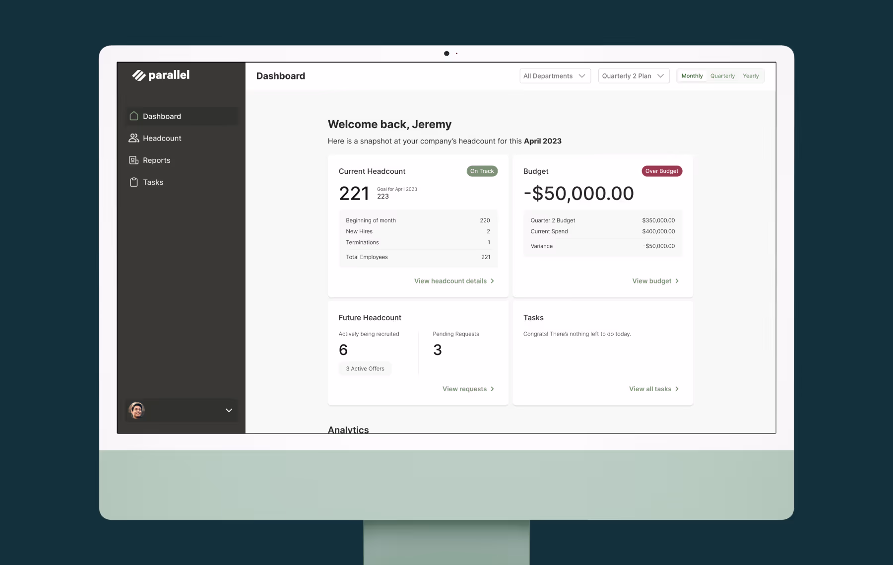 The Parallel dashboard reviews budget, headcount, and tasks