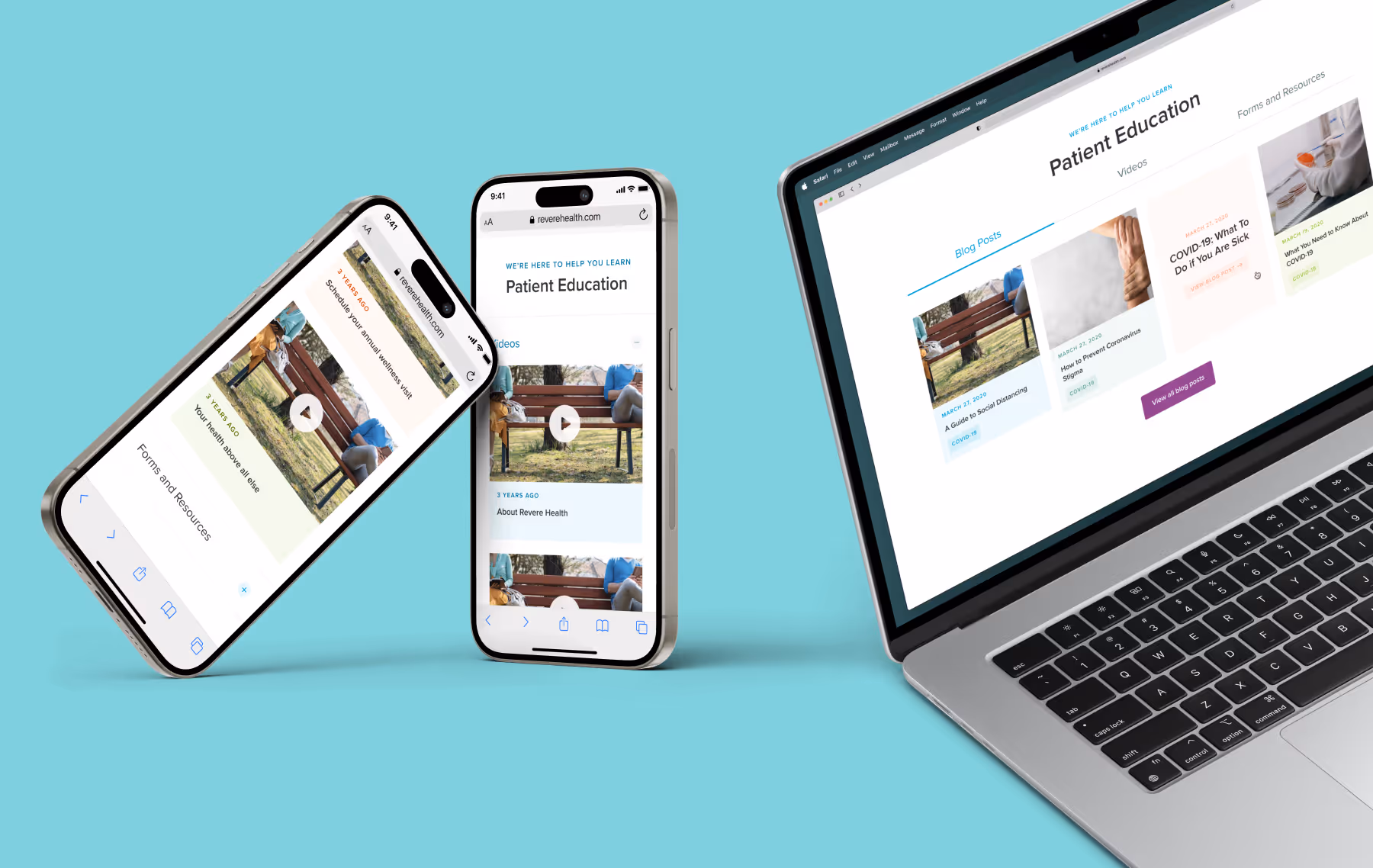 A laptop and phones showing the patient education section for blog posts, videos, and resources