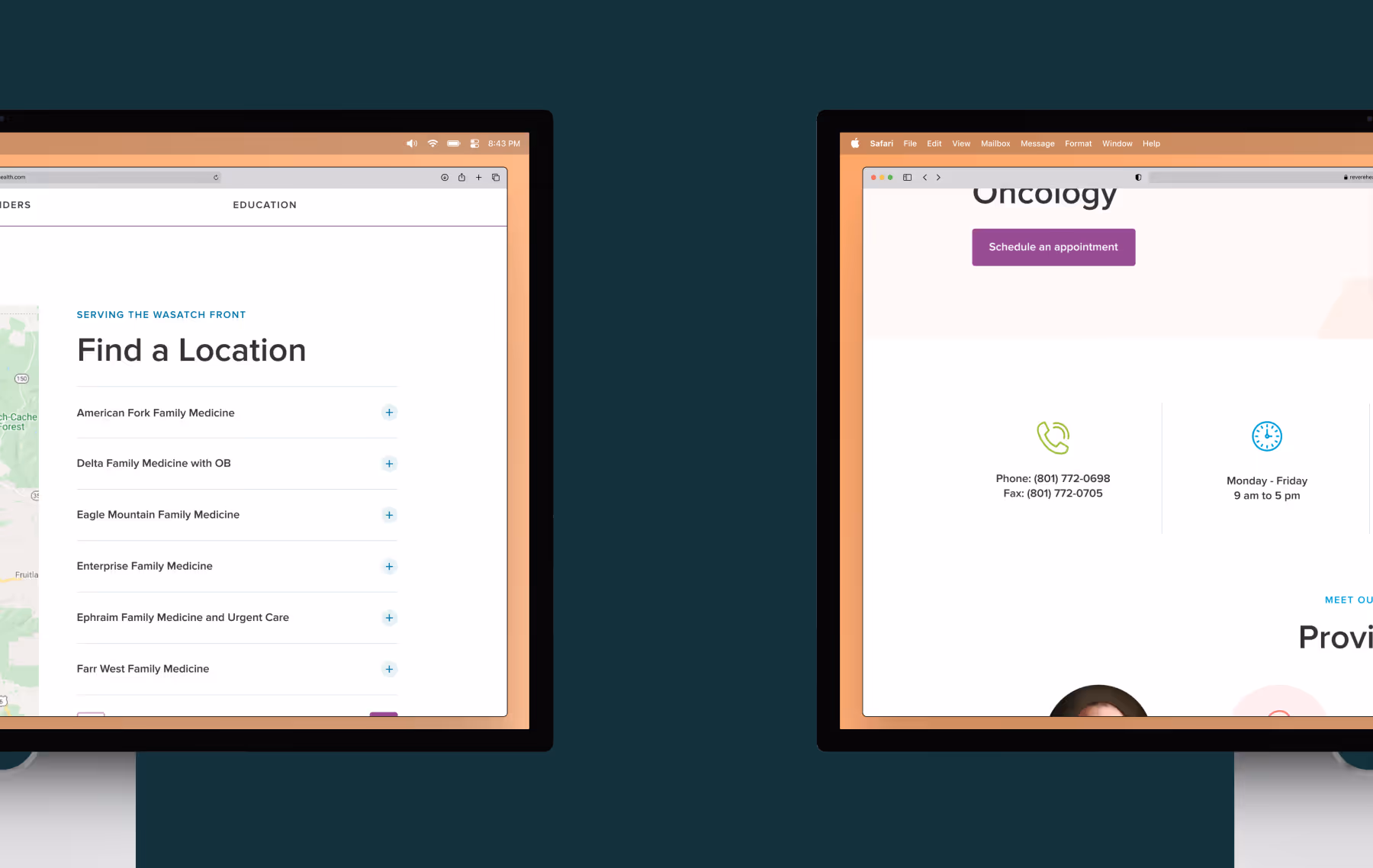 Two desktops show the location list for a medical specialty and the hours, contact info, and providers at a specific location