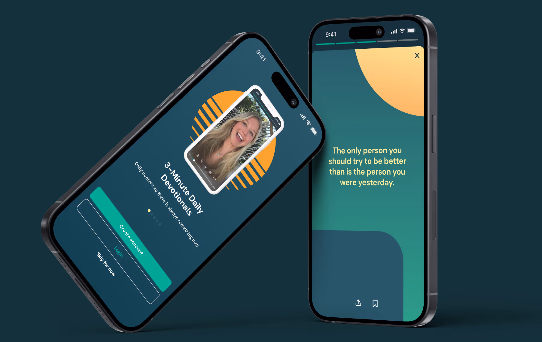 Two phones display a 3-minute daily devotionals flow