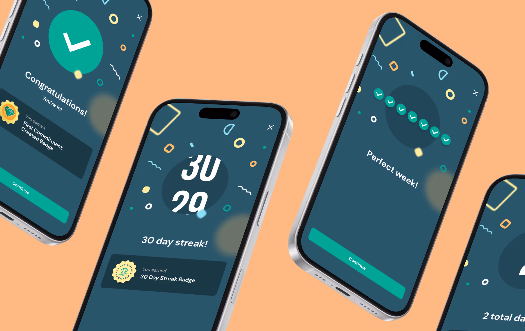 Users are celebrated for completing goals, with screens for earning badges, improving streaks, practicing every day of the week, and more
