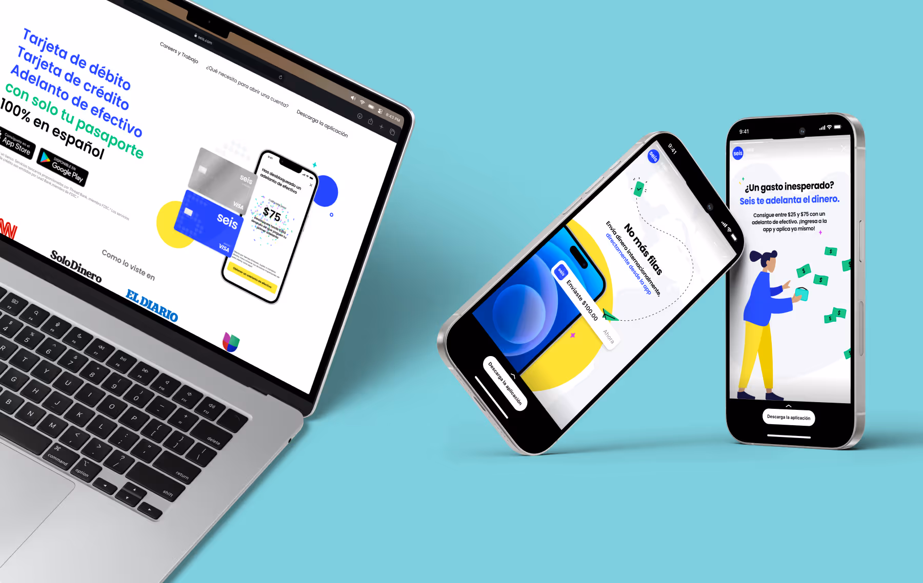 A laptop and two phones show the Seis marketing site and Instagram story campaigns