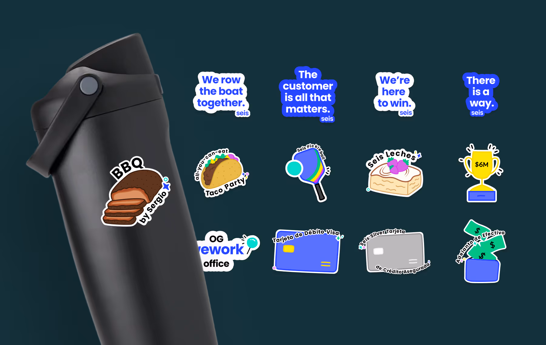 A recent sticker set designed for Seis's internal teams includes the brand values and novelty stickers representing team inside jokes