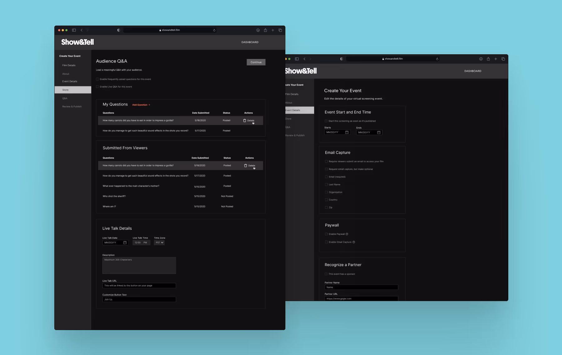 The Show & Tell website allows users to create an event and prep for Q&A sessions