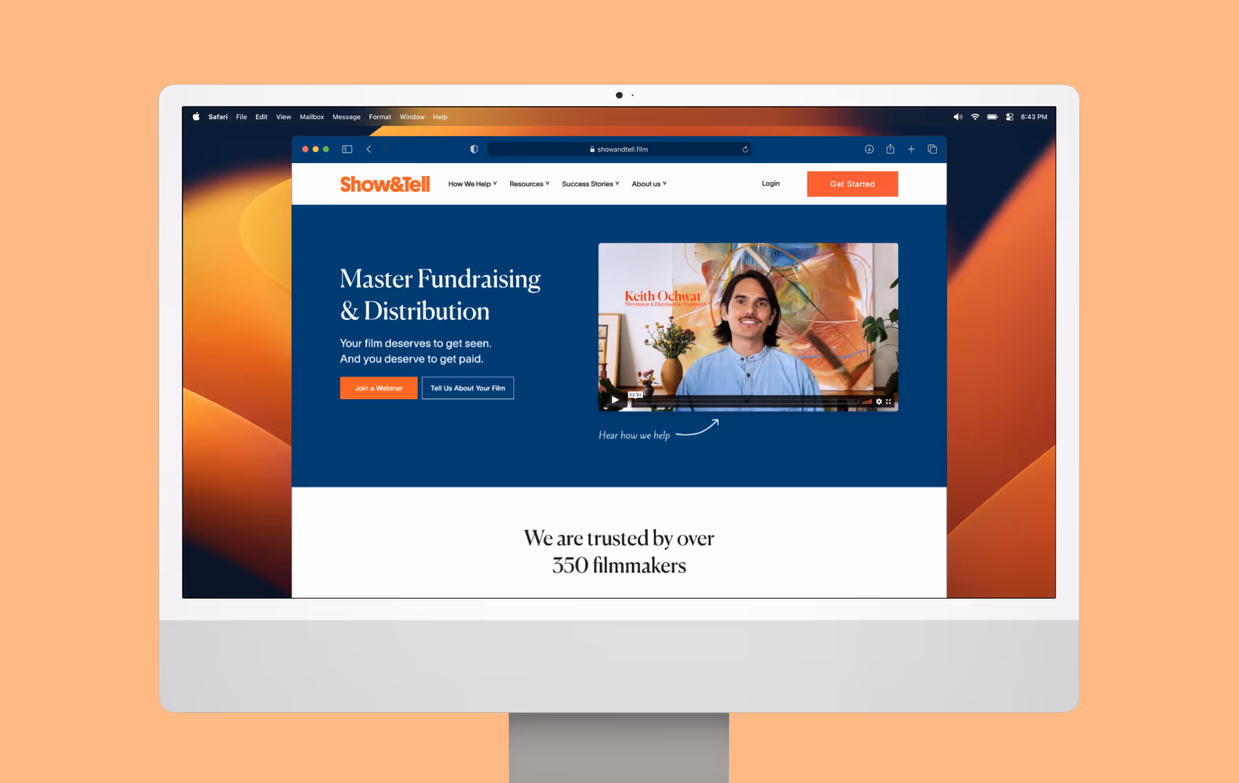 The Show&Tell homepage features prominent blue, orange, and white branding