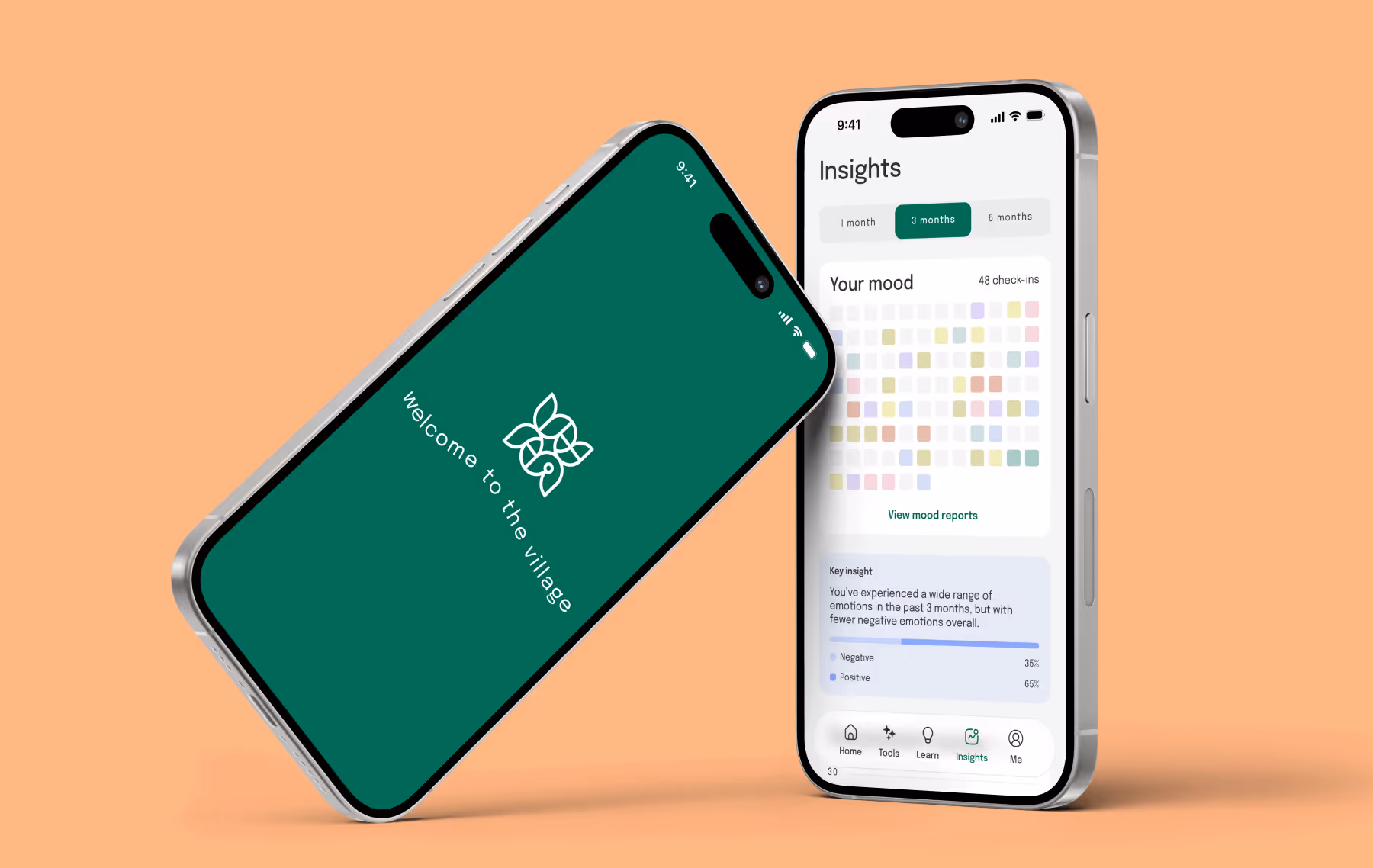 Two phone screens show a loading interstitial and the Insights tab
