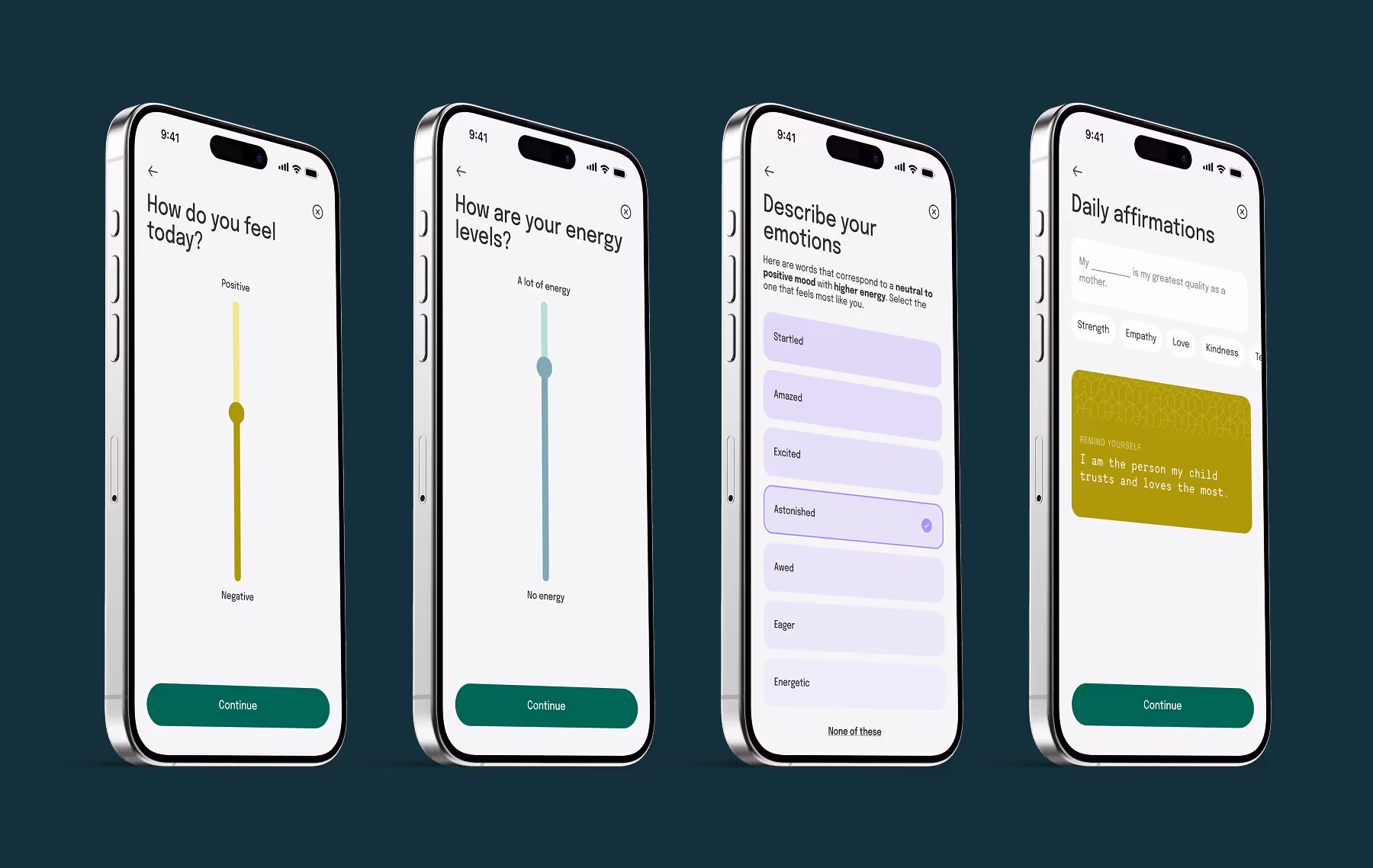 A daily check-in flow takes users through questions about emotions, energy levels, and journaling prompts