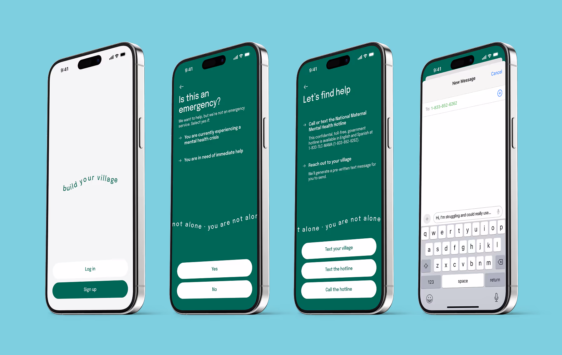 Custom onboarding screens direct users toward emergency resources for urgent situations
