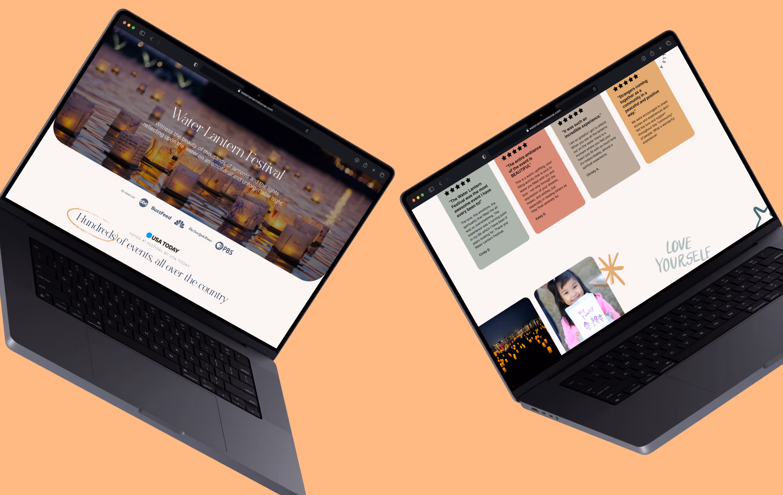 Two views of the homepage show the hero imagery and sponsors as well as reviews and event photos