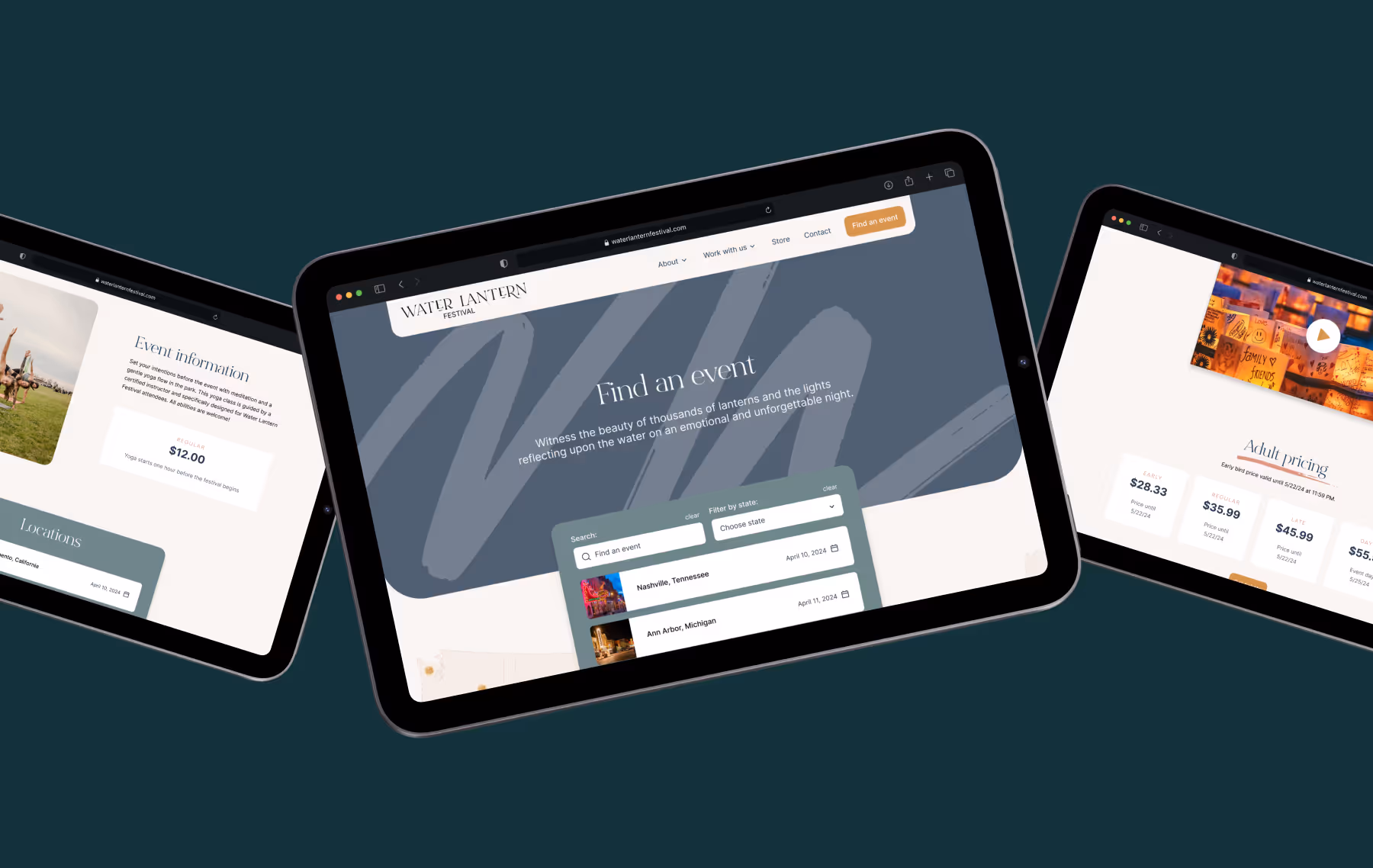 The Water Lantern Festival site allows users to search events, see pricing, and purchase tickets