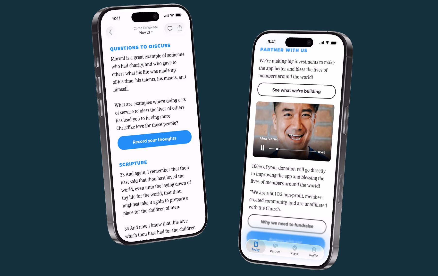 Two phones show a devotional with discussion questions and a page asking users to support the app