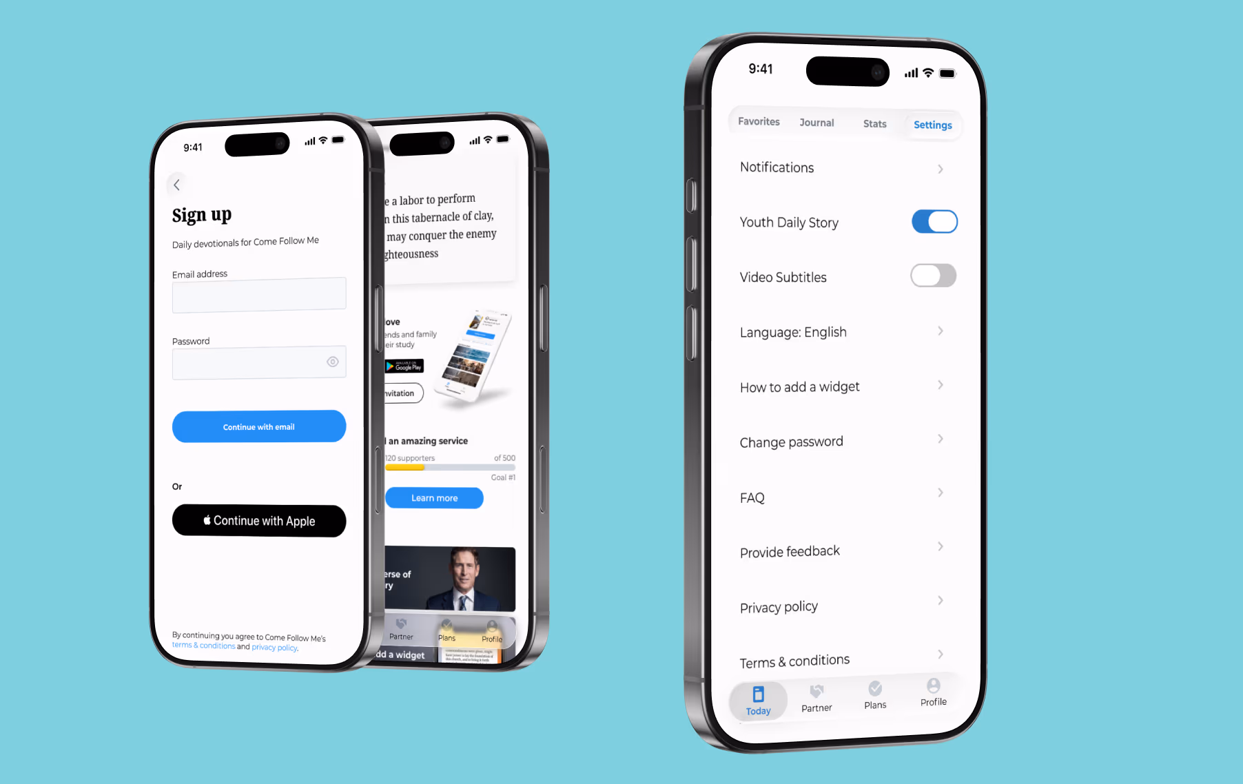 Three phones show the sign-up screen and app settings