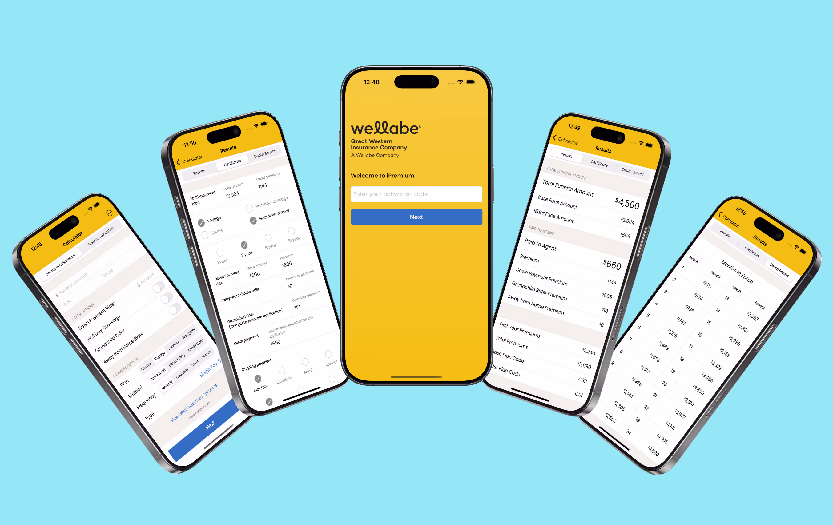 5 phone screens show the Wellabe iPremium log in screen, calculator, and results screen with tabs for all results, certificate, and death benefit
