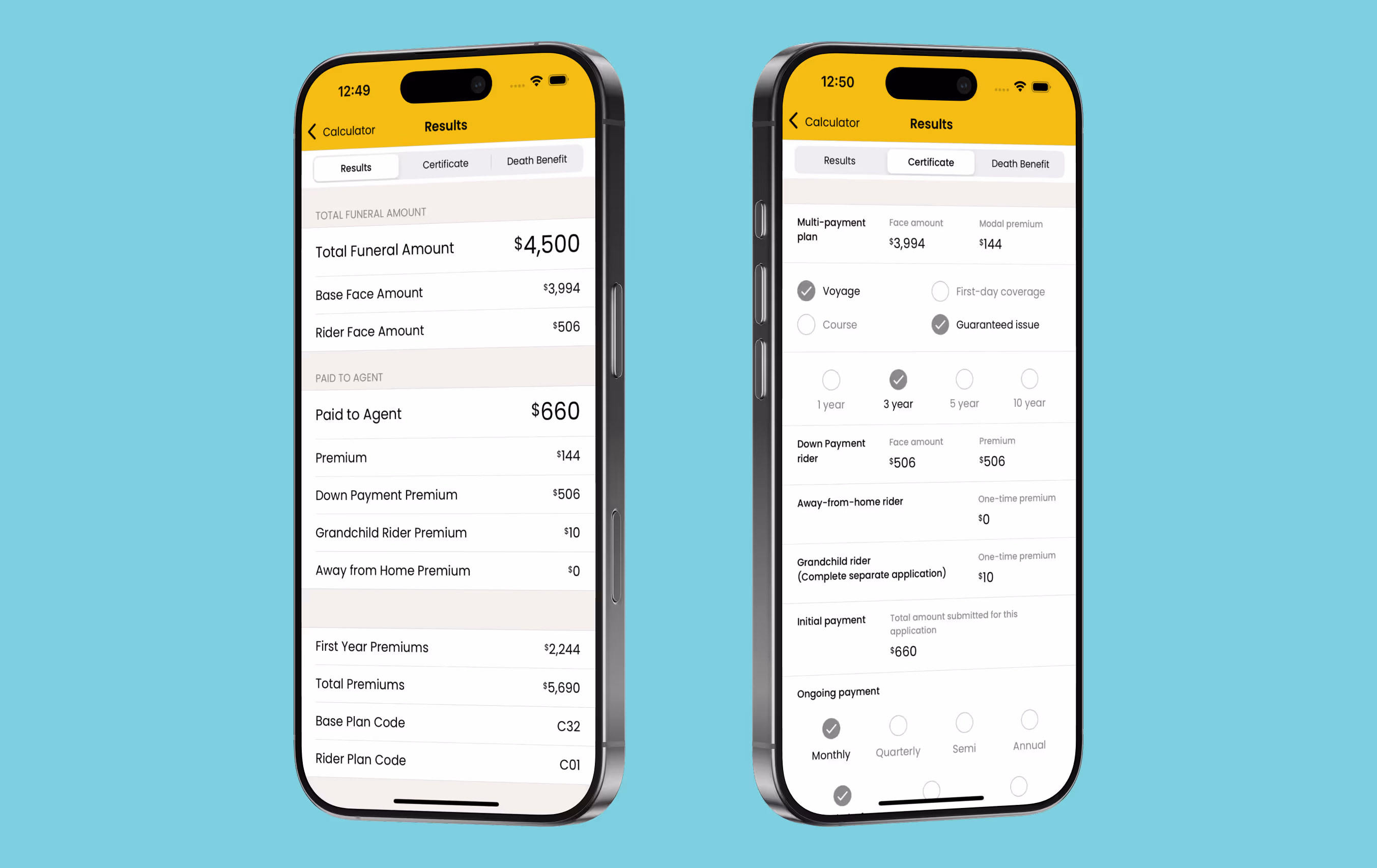 iPremium results screens show factors like total funeral amount, first year premiums, and down payments